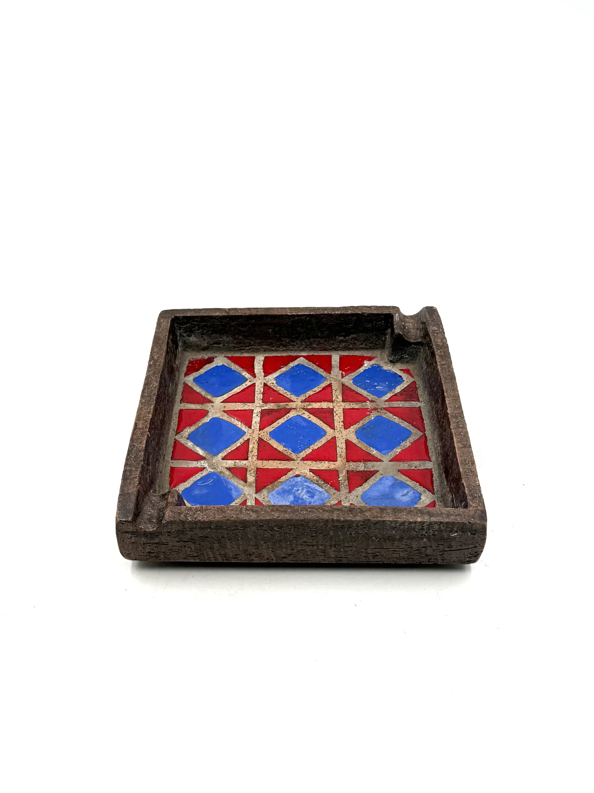 Aldo Londi Bitossi ceramic ashtray square blue and red 1970s Italy front view