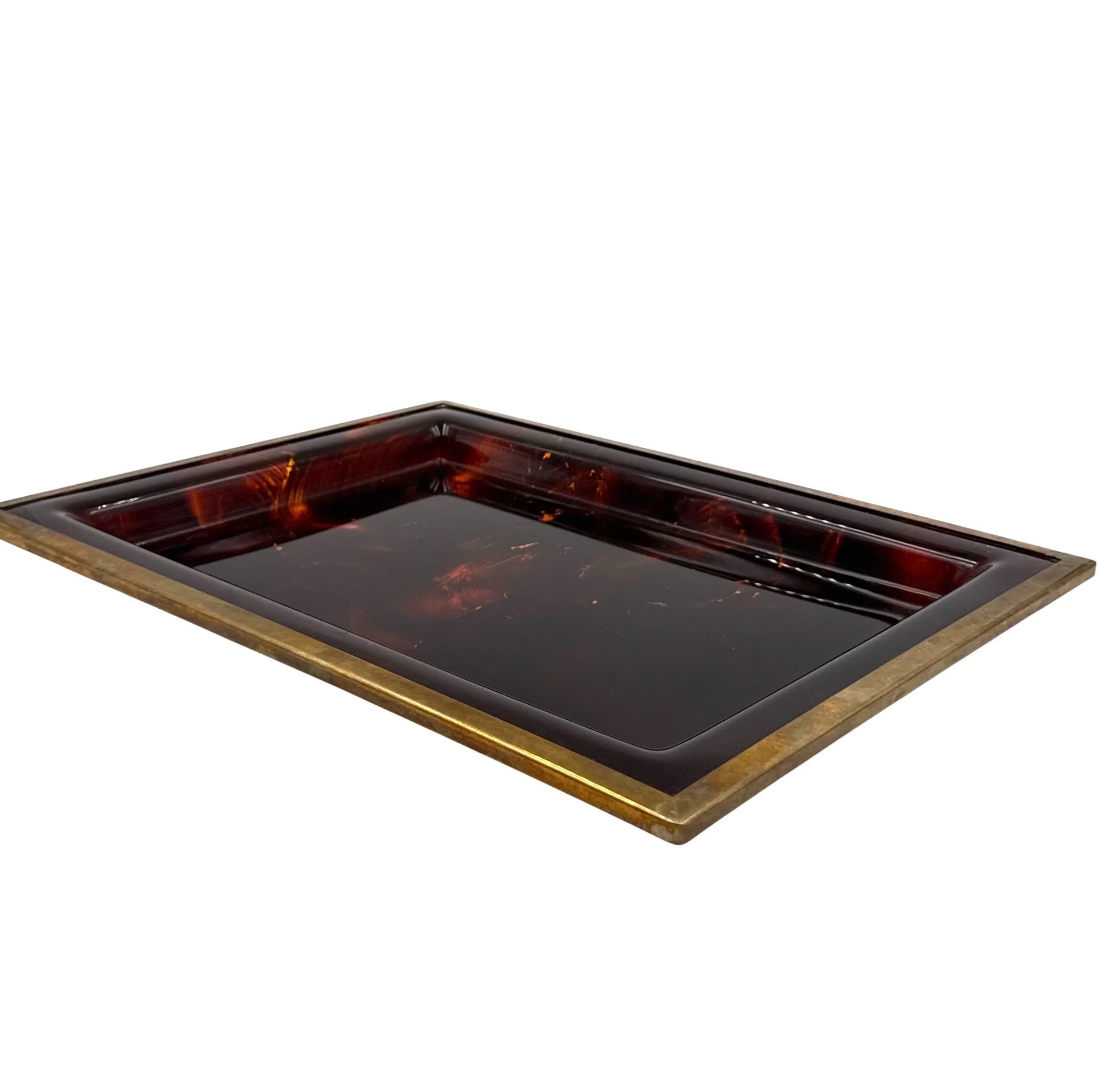 Vintage 1970s Italian Hollywood Regency brown lucite tray on a neutral background