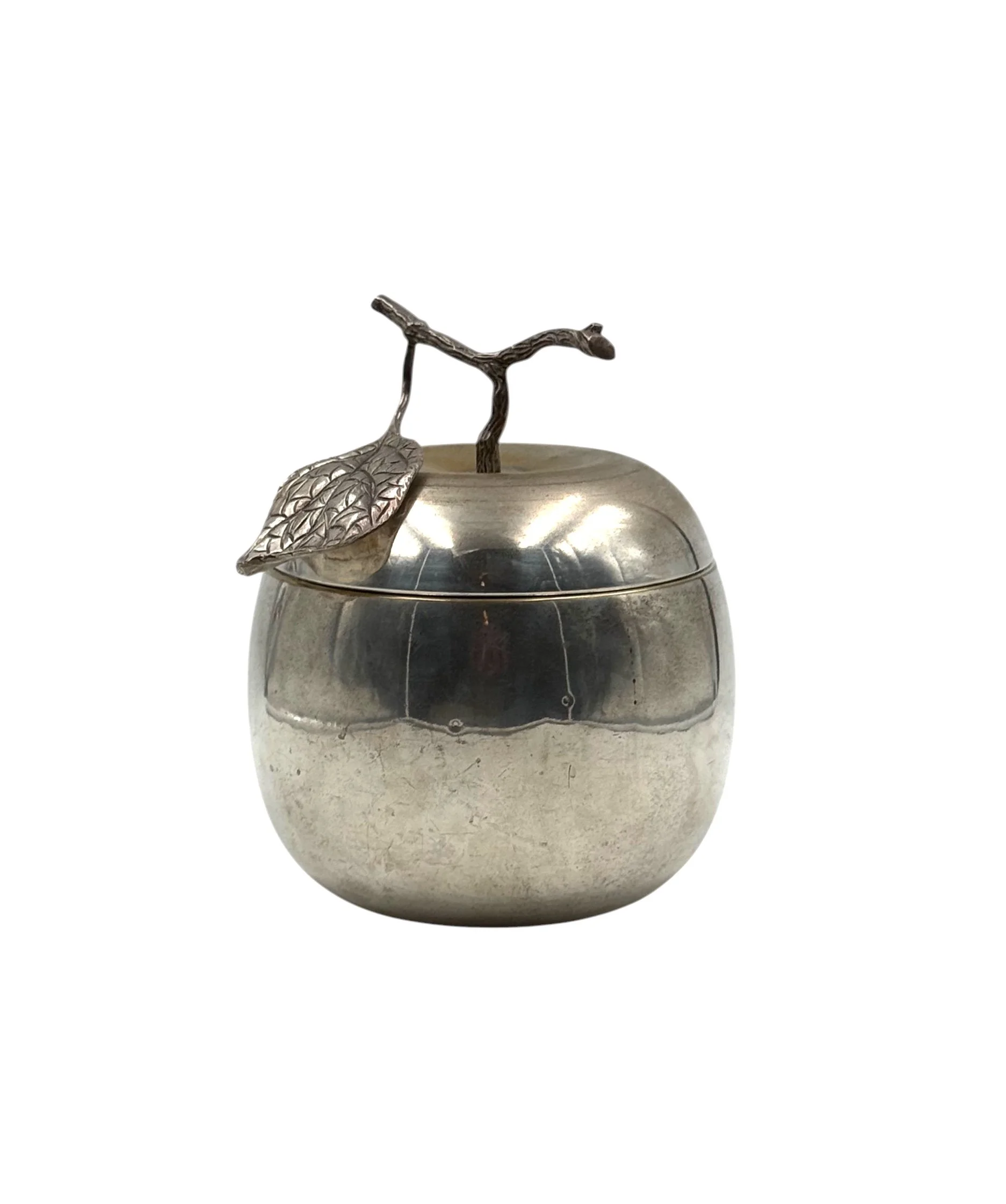 Vintage 1970s Italian silver-plated apple-shaped ice bucket and wine cooler designed by Teghini Firenze on a luxury bar cart.