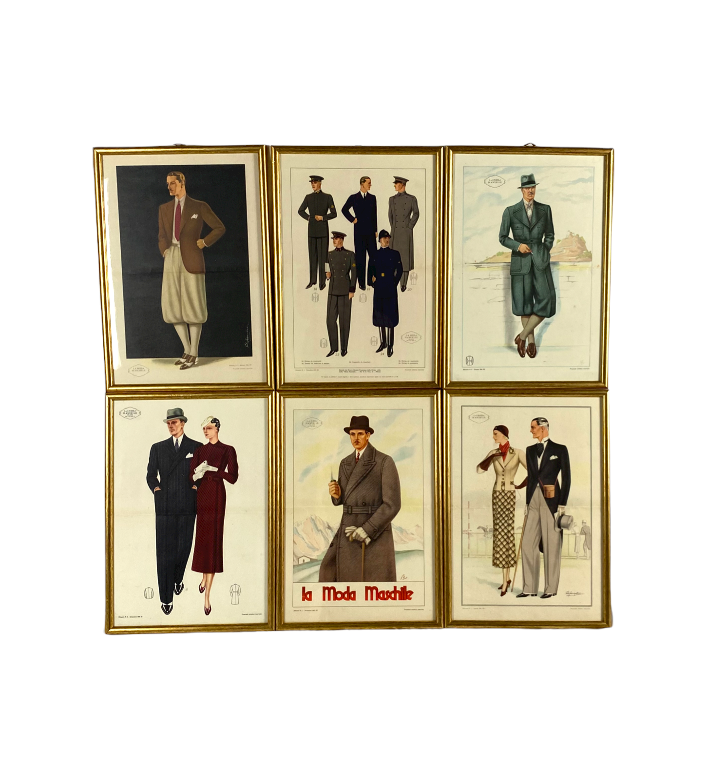 'La Moda Maschile', Set of 6 framed original illustrations of men's fashion from the 30s, Italy 1930s