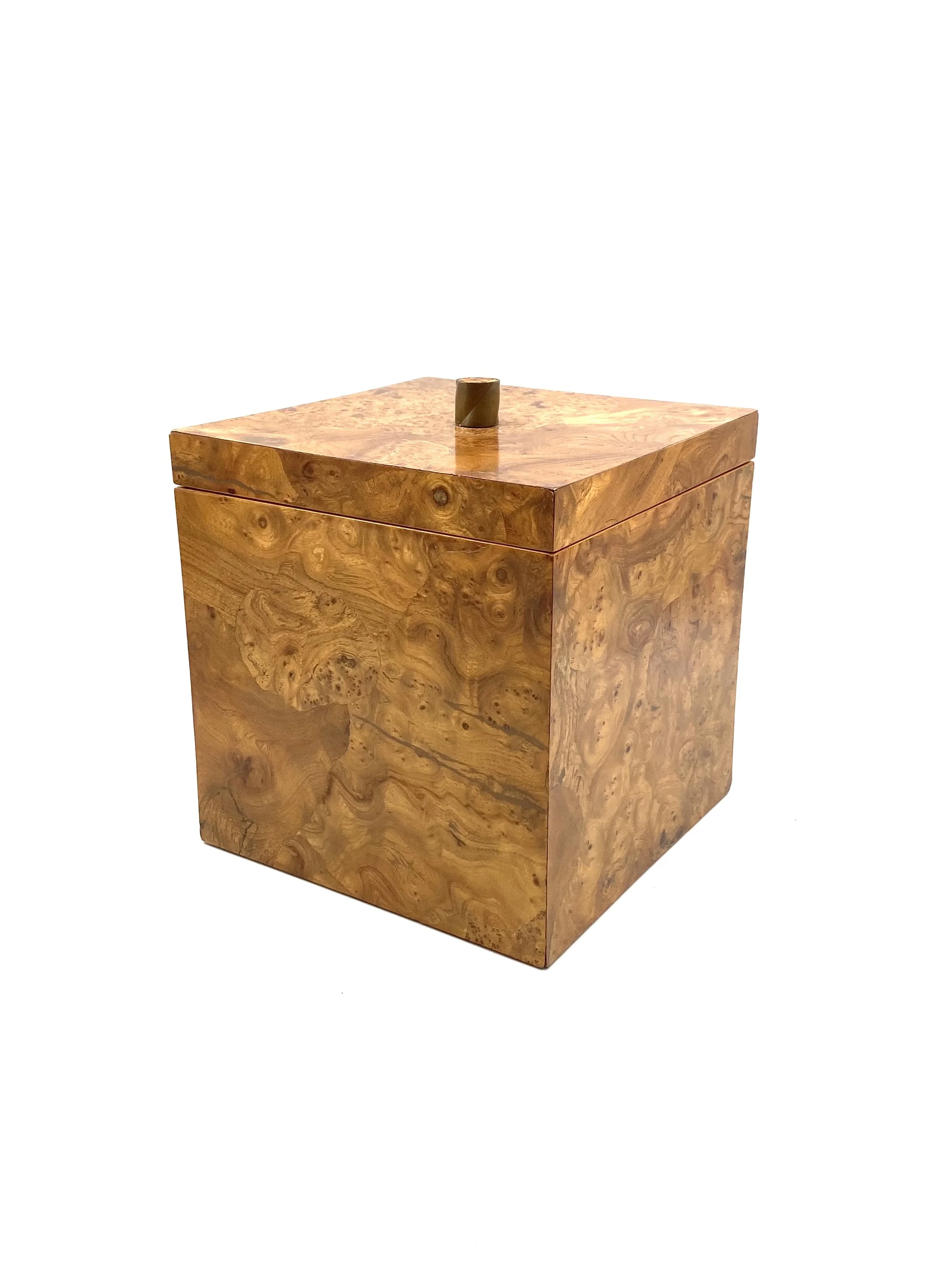 Hollywood regency monumental burl wood and brass ice bucket, Italy 1970s