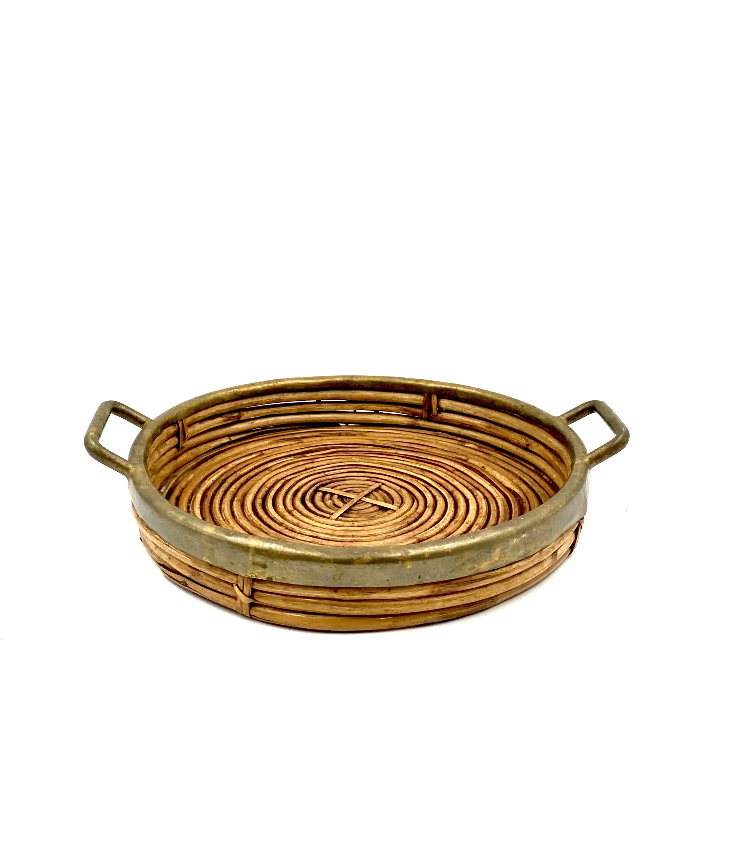 Hollywood regency brass and wicker vide poche, Italy ca. 1970