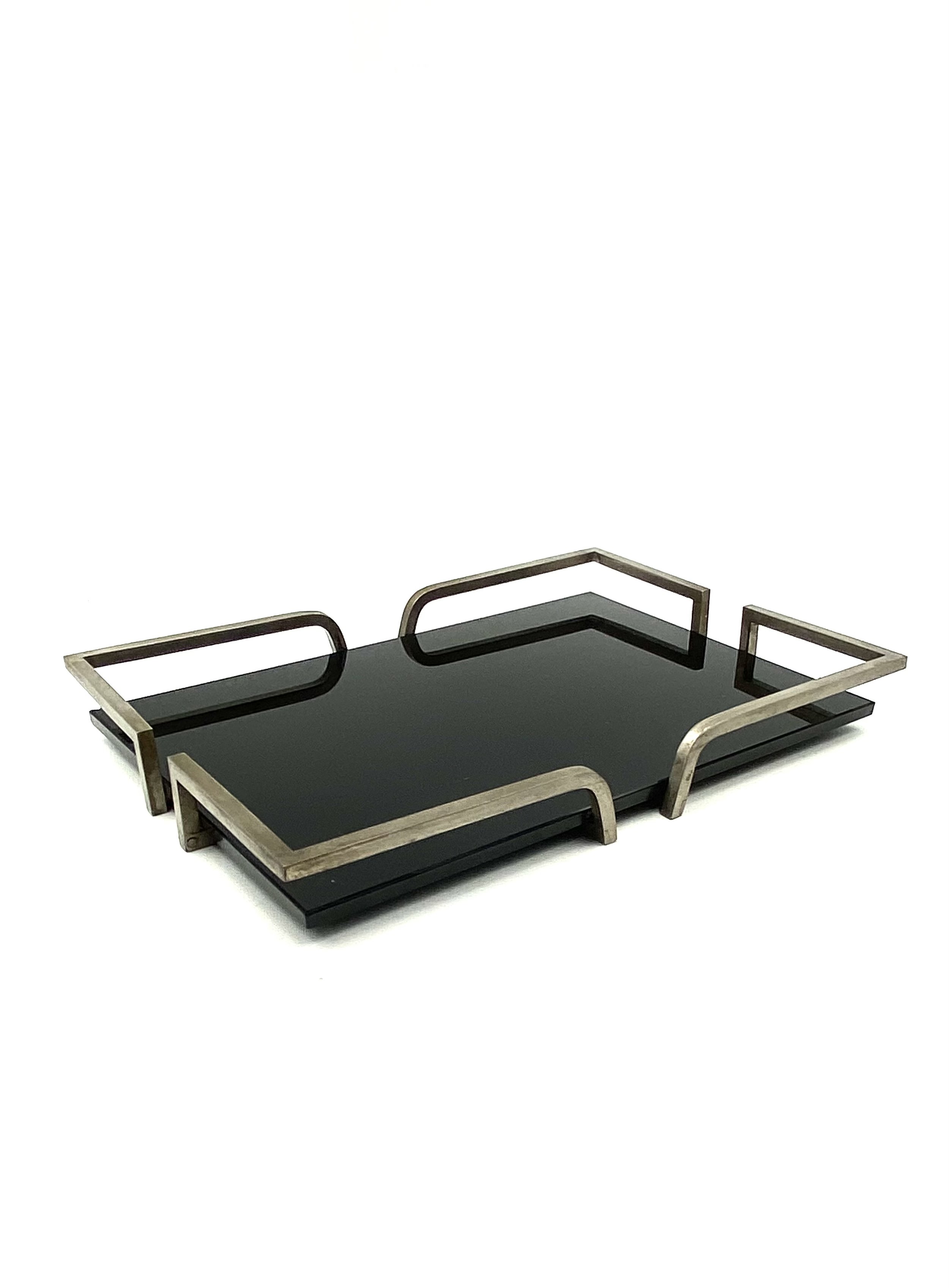 Hollywood regency black glass tray, France 1970s