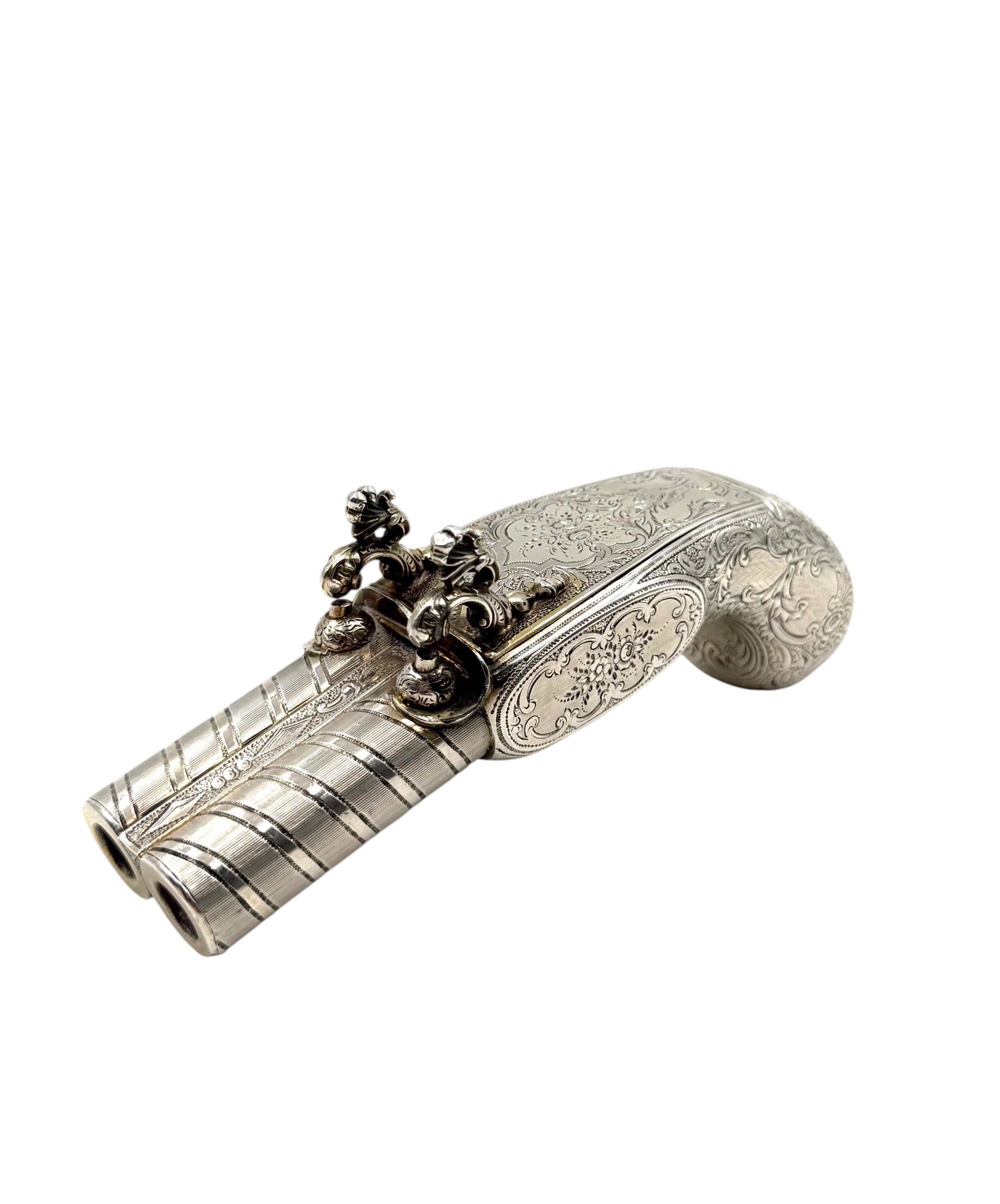 Antique French silver vermeil snuff cigarette box shaped like a pistol gun early 20th century.