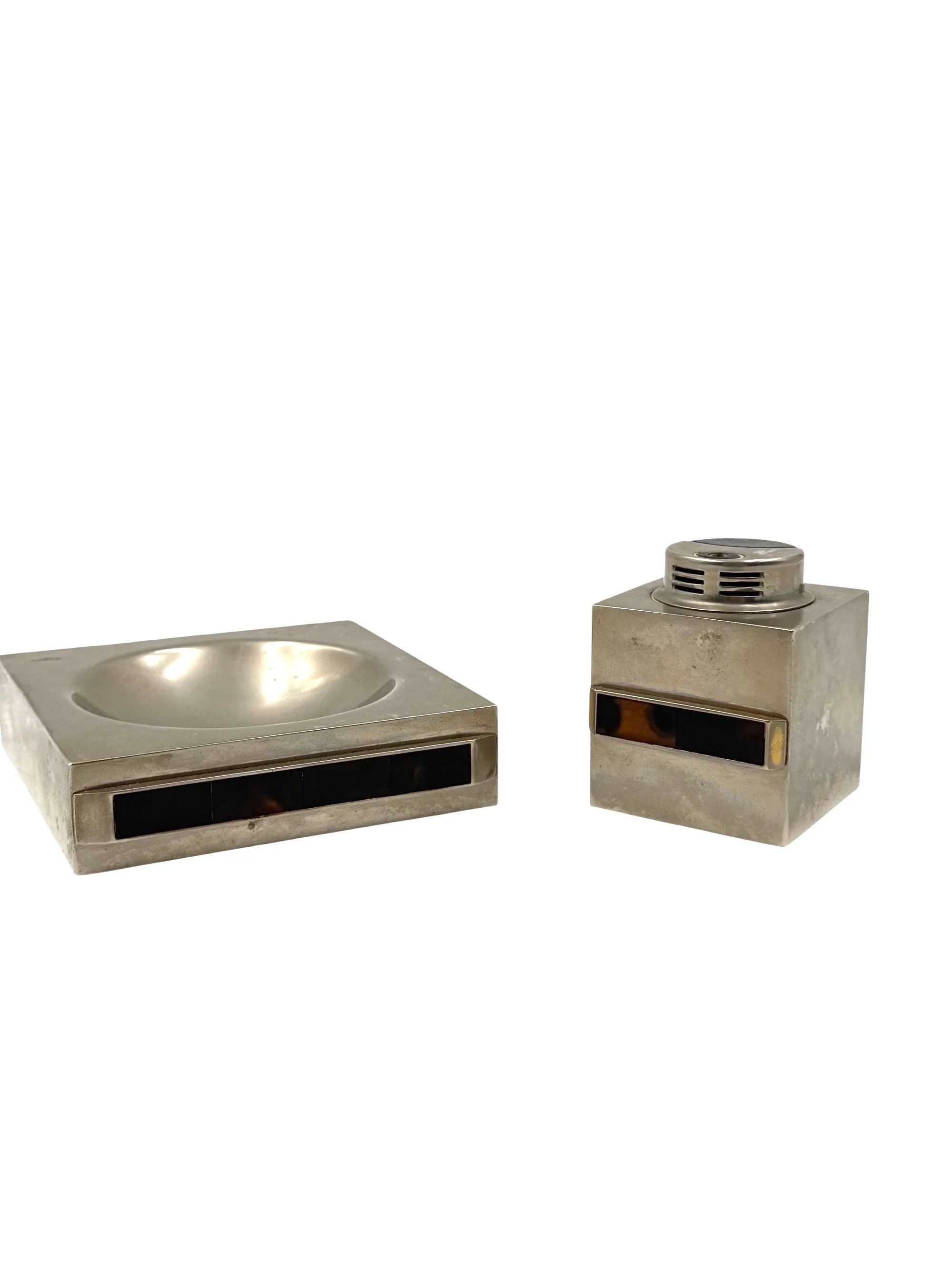 1970s Italian table smoking set, matching ashtray and table lighter, vintage mid-century modern desk accessory.