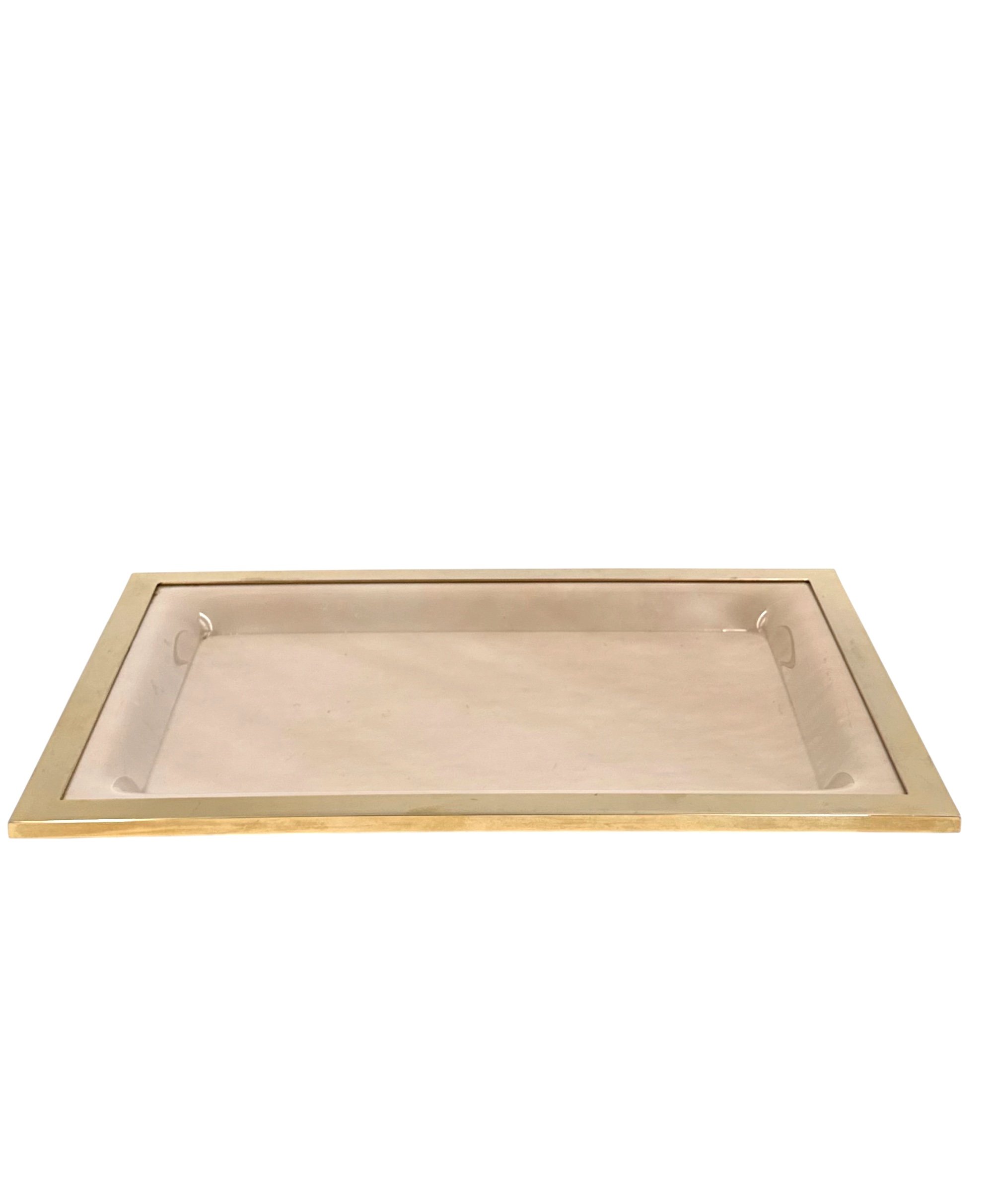 Vintage 1970s Italian Hollywood Regency cream-colored lucite tray on a neutral background