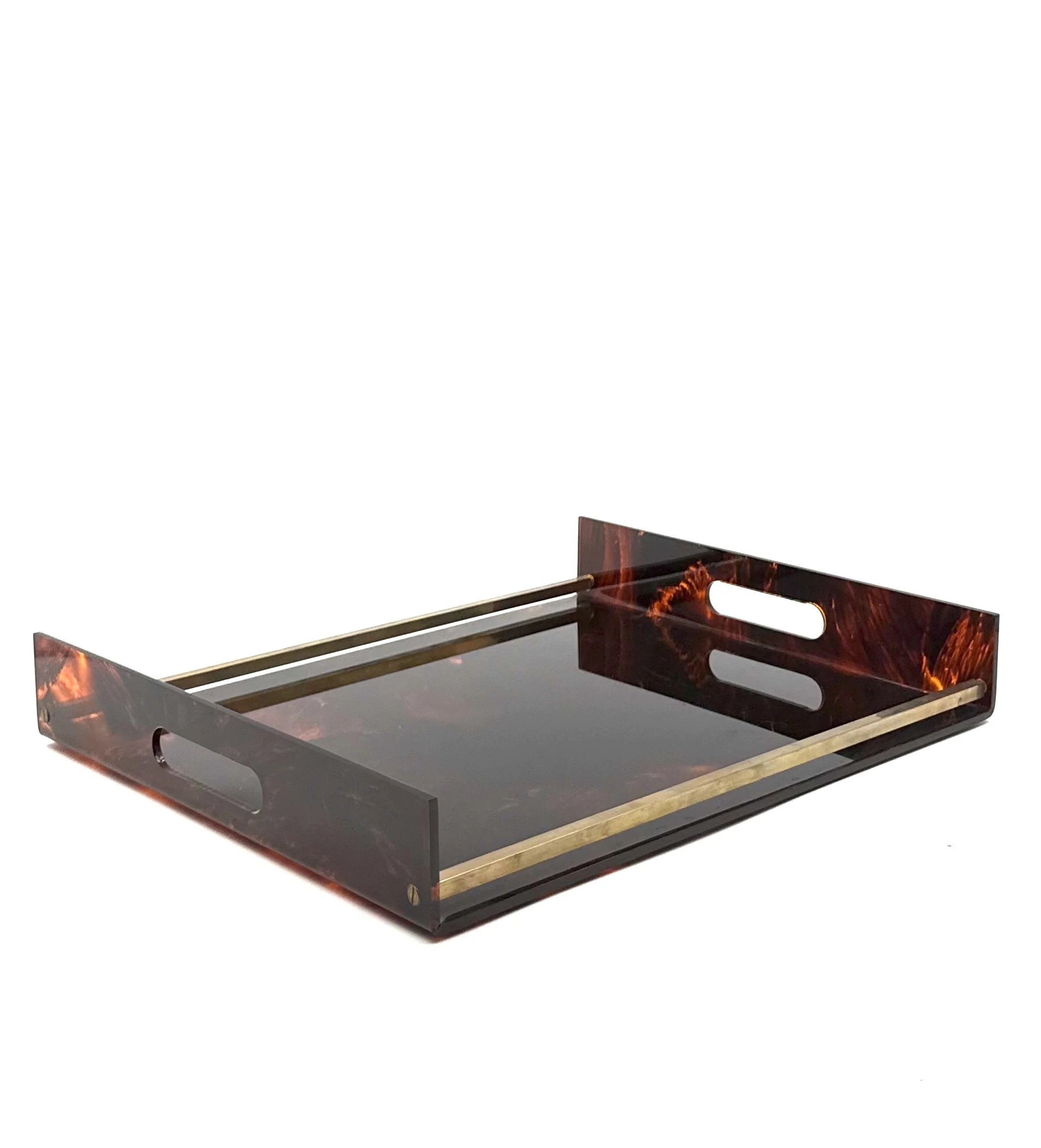 1970s Italian Hollywood Regency Brass & Tortoiseshell Lucite Tray