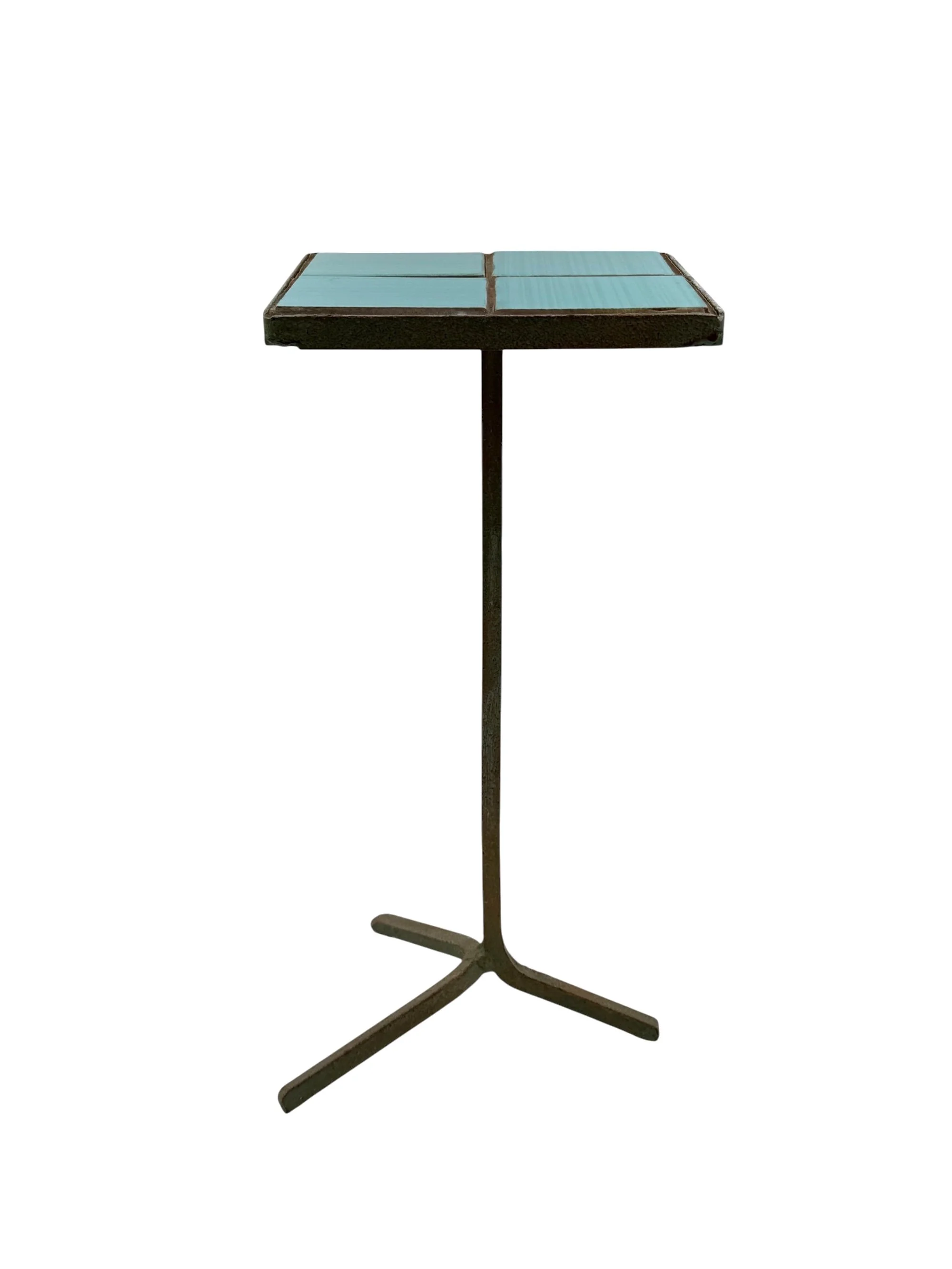 Vintage 1960s French side table, black wrought iron frame with geometric ceramic tile top, Mid-century modern design.