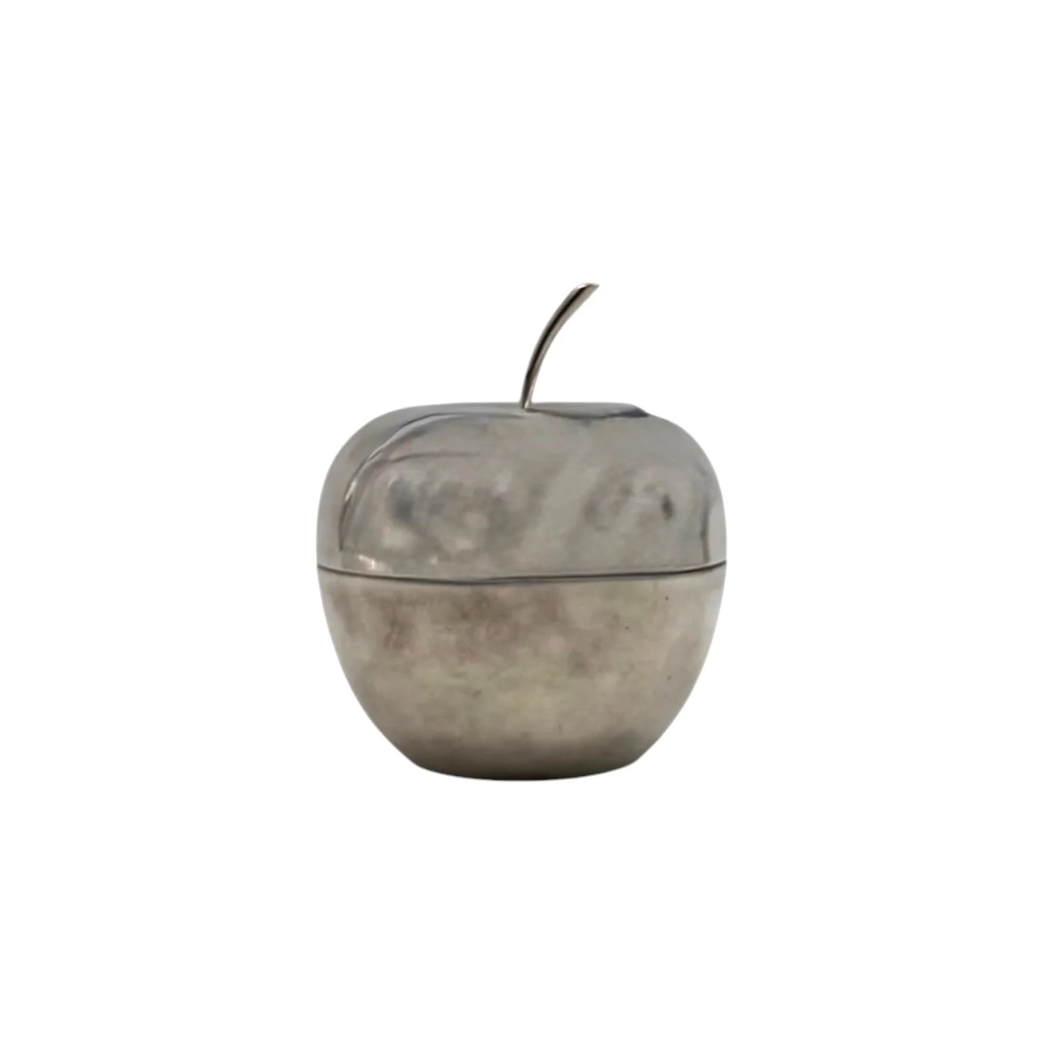 Vintage 1970s French Christofle silver-plated apple-shaped decorative box with a polished metallic finish on a marble surface.