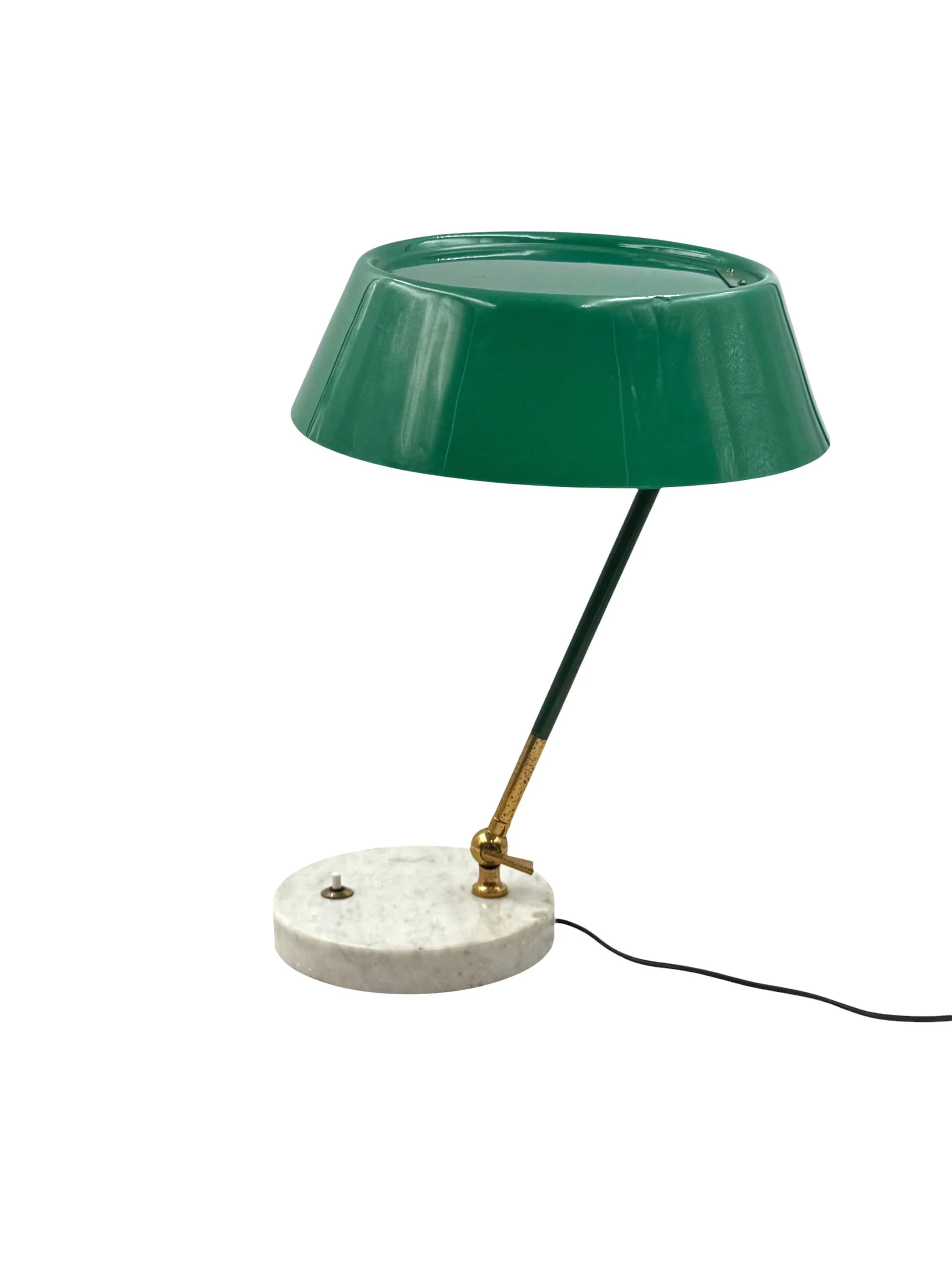 Stilux Milano green metal and brass table lamp, 1960s Mid-century Modern Italian design, side view.