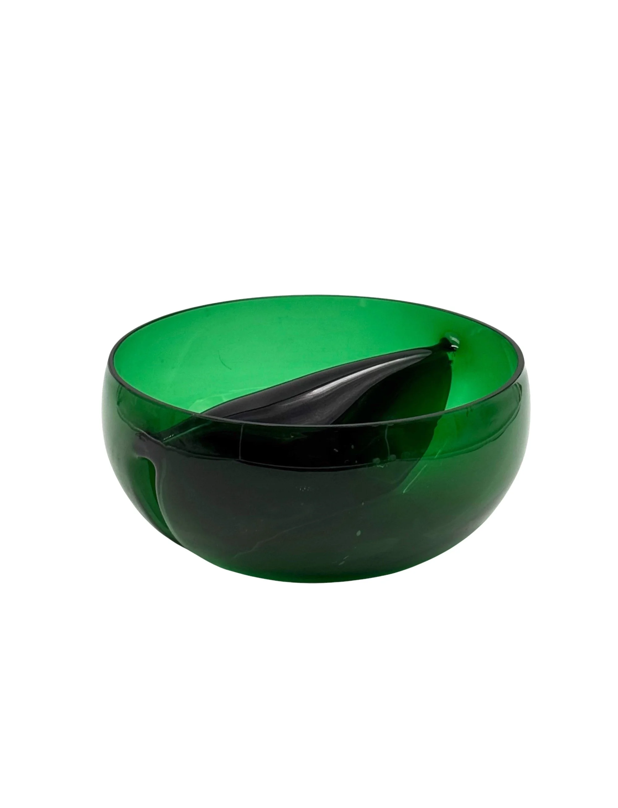 Vintage 1960s Italian green glass centerpiece bowl, mid-century modern hand-blown decorative glass dish, emerald green transparency.