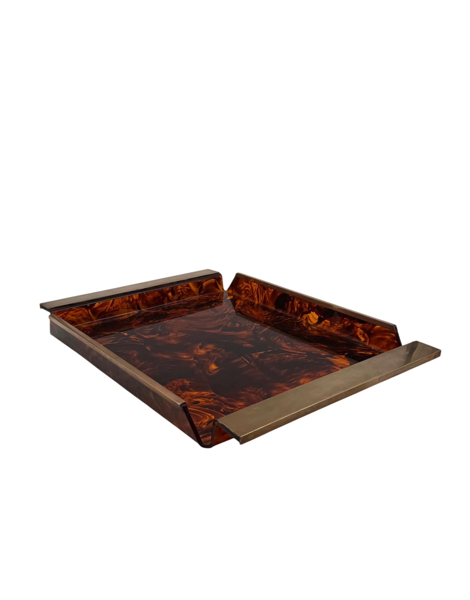 Large rectangular 1970s Italian tray made of amber tortoiseshell-effect lucite with a thick polished brass gallery