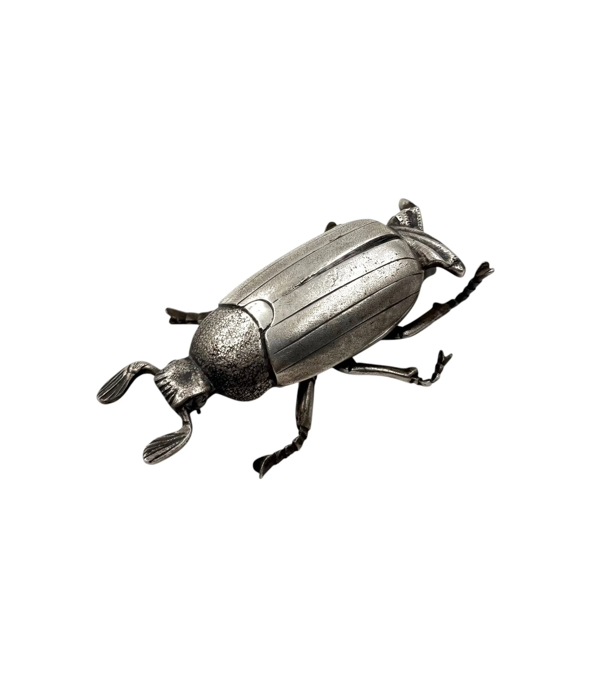 Vintage French silver-plated insect-shaped ashtray and decorative box from the 1950s, showing realistic bug details and a hinged wings opening.
