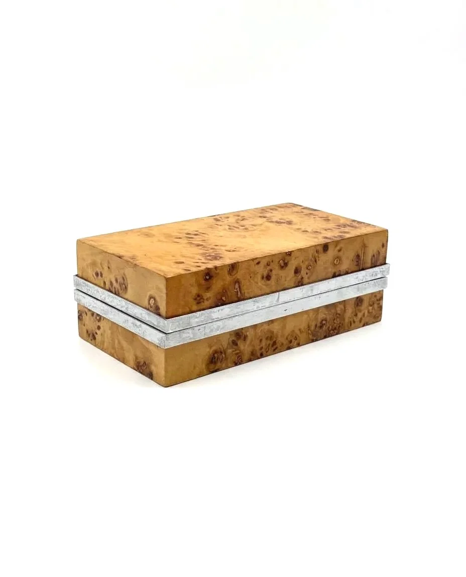 Vintage 1970s Tommaso Barbi mid-century burl wood jewelry box, luxury Italian decor