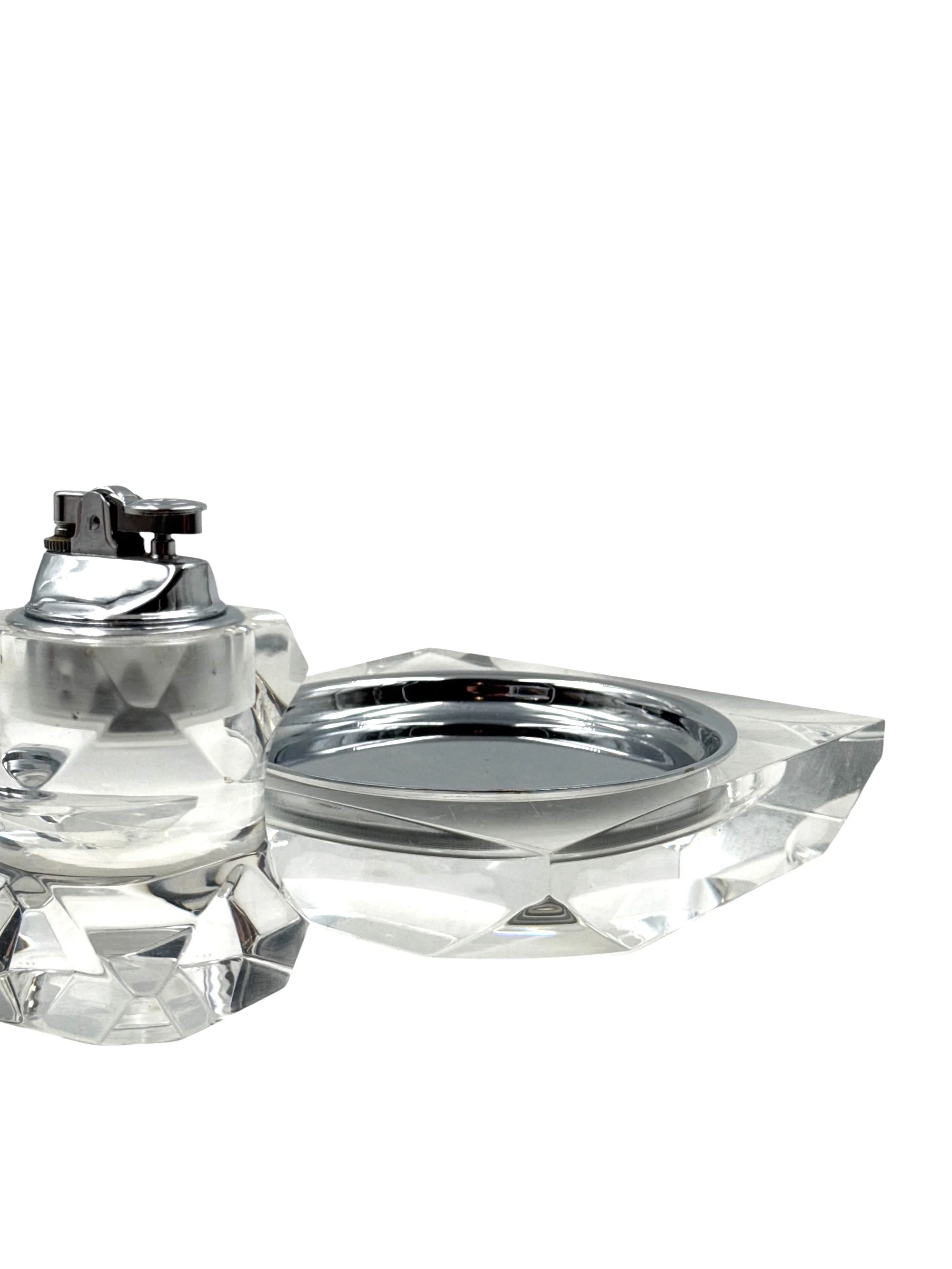 Vintage 1970s Italian Hollywood Regency lucite and gold-tone smoking set on a neutral background