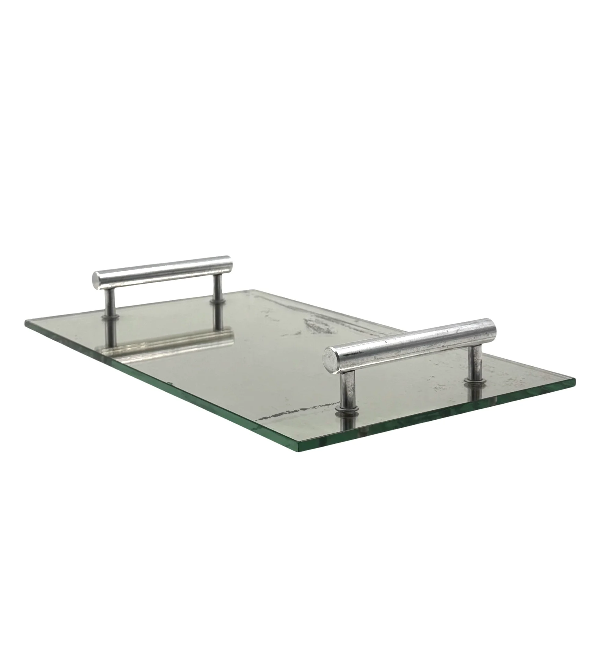Vintage 1960s French modernist tray with mirrored base and clean metal frame, minimalist vanity server or cocktail display.