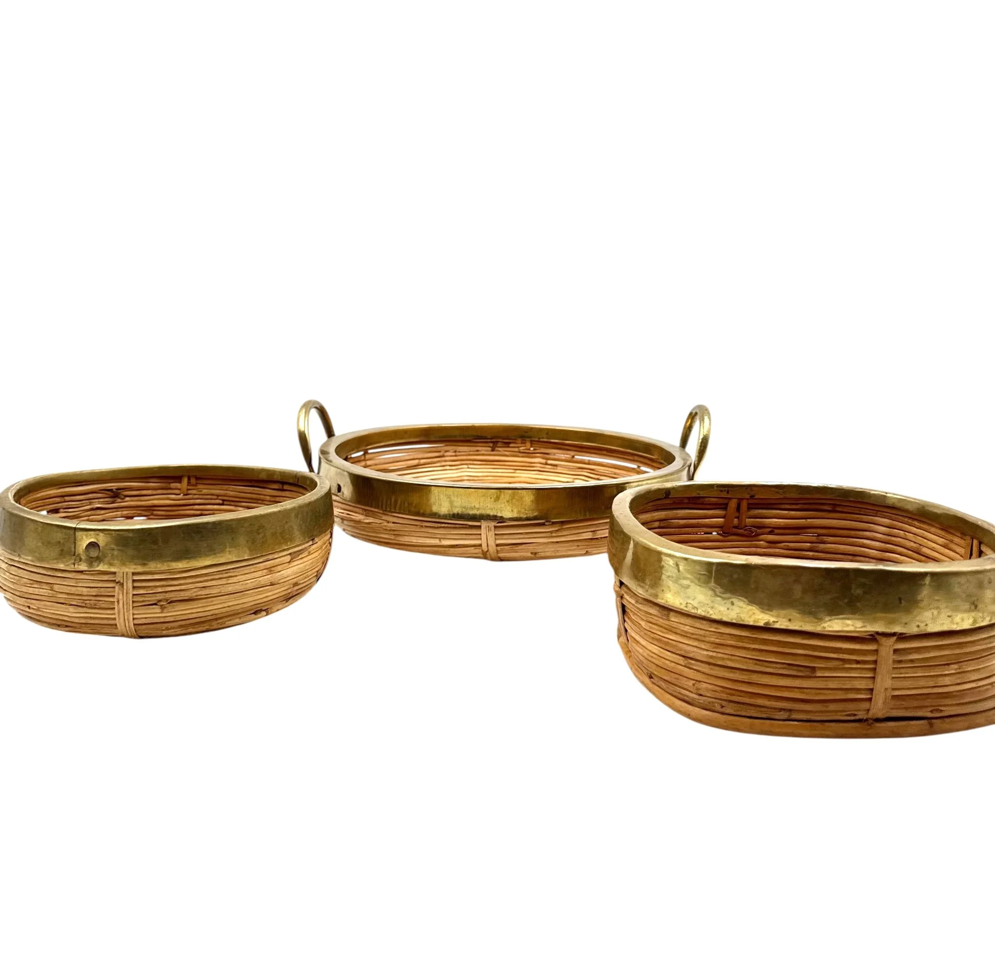 Set of vintage mid-century Italian brass and woven wicker decorative bowls, circa 1970