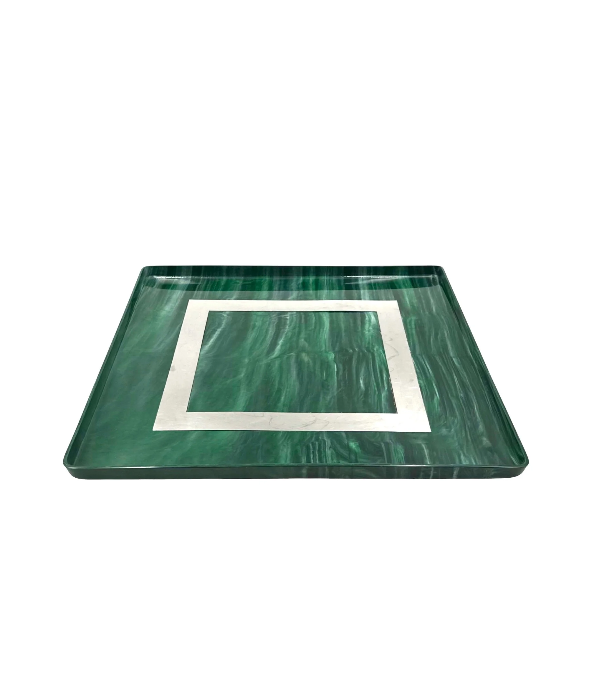 Large square Hollywood Regency tray in green malachite-effect resin with brass gallery rim, 1970s Italian design