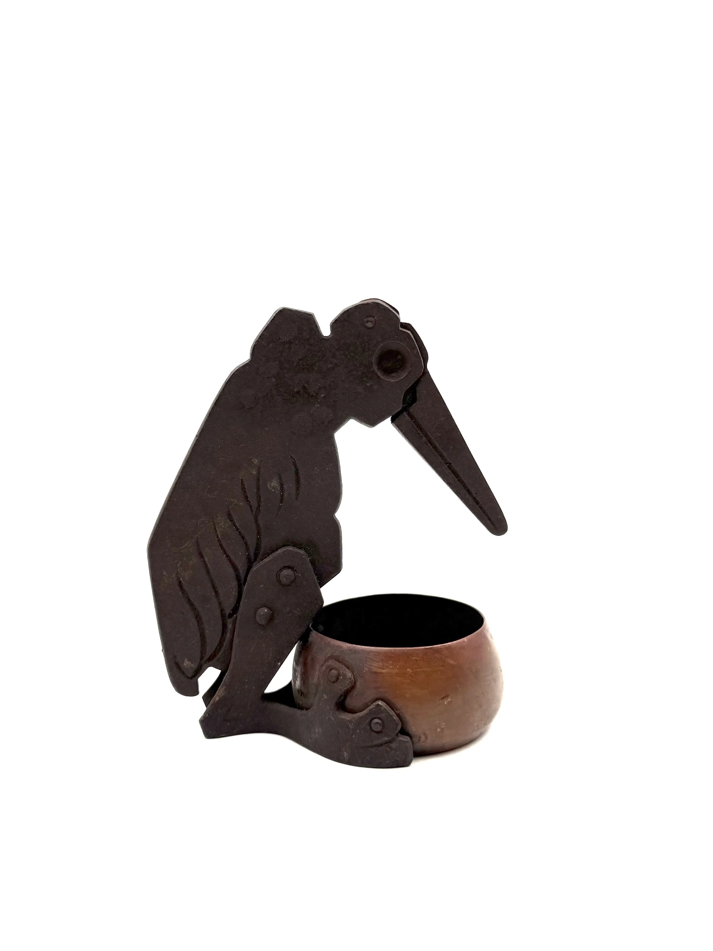 Rare Jugendstil metal cigar cutter and ashtray shaped as a Marabou bird by Ignatius Taschner, Germany circa 1910, featuring detailed antique craftsmanship.