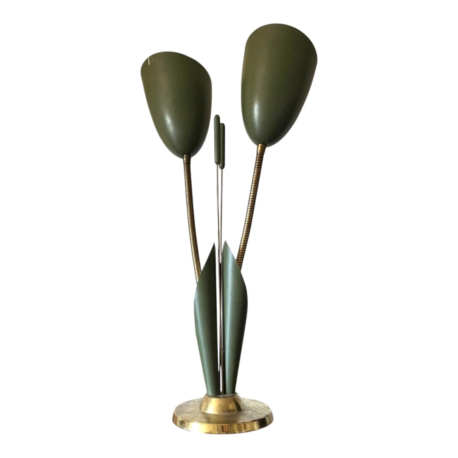 Italian mid century modern green lily shaped table lamp with brass stamens and base circa 1950.