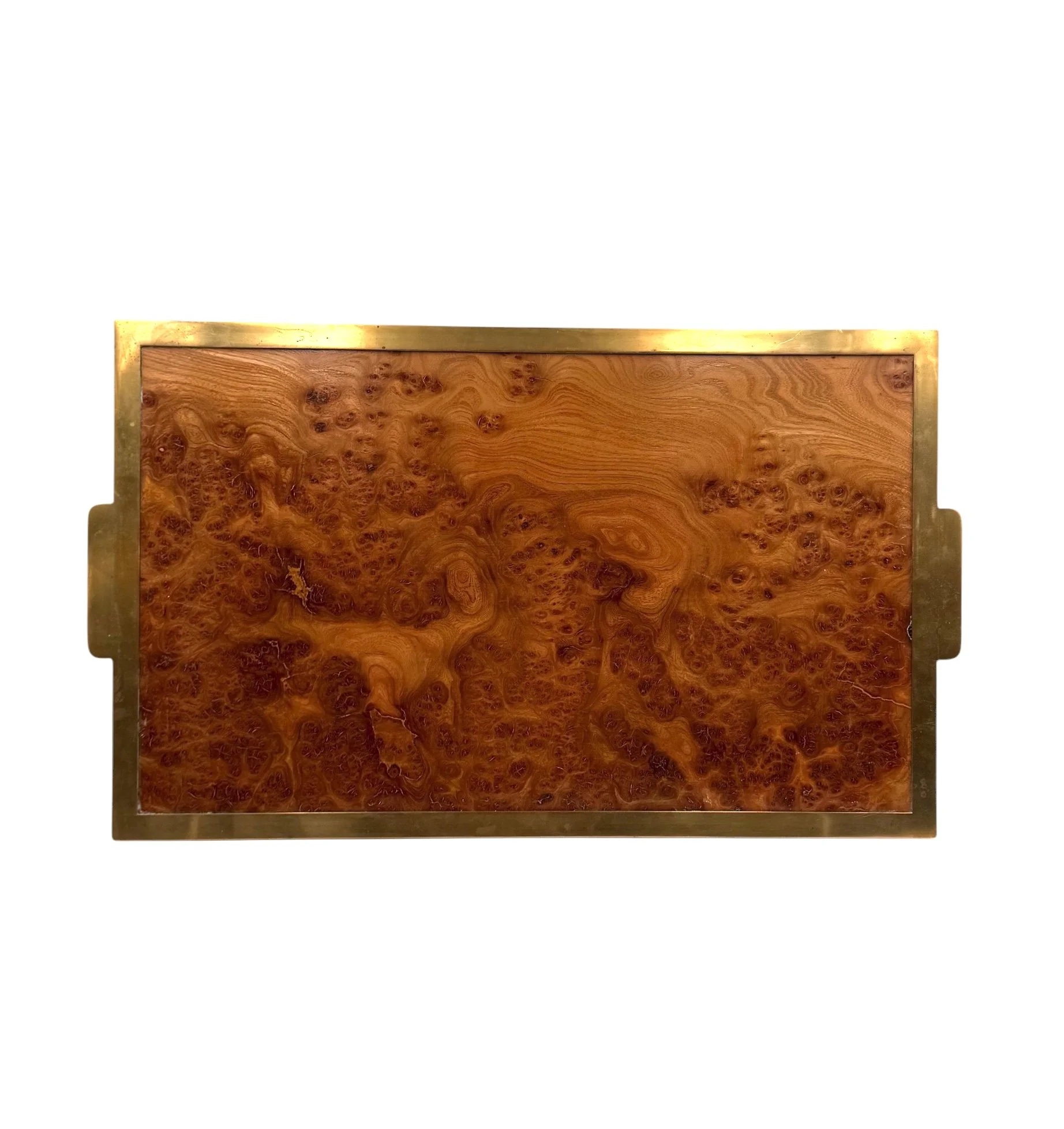 1970s Italian Hollywood Regency large tray crafted from burl wood with polished brass hardware
