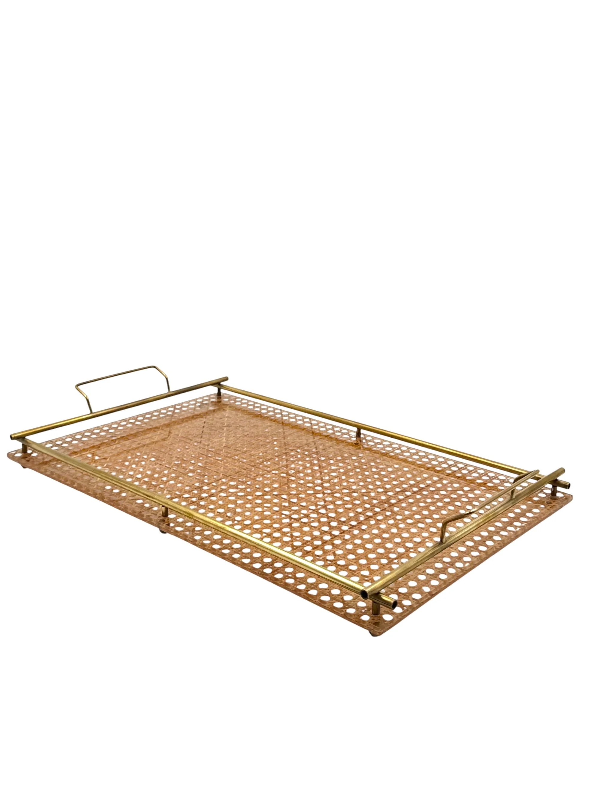 Vintage 1970s Italian Hollywood Regency luxury tray featuring woven Vienna straw detailing