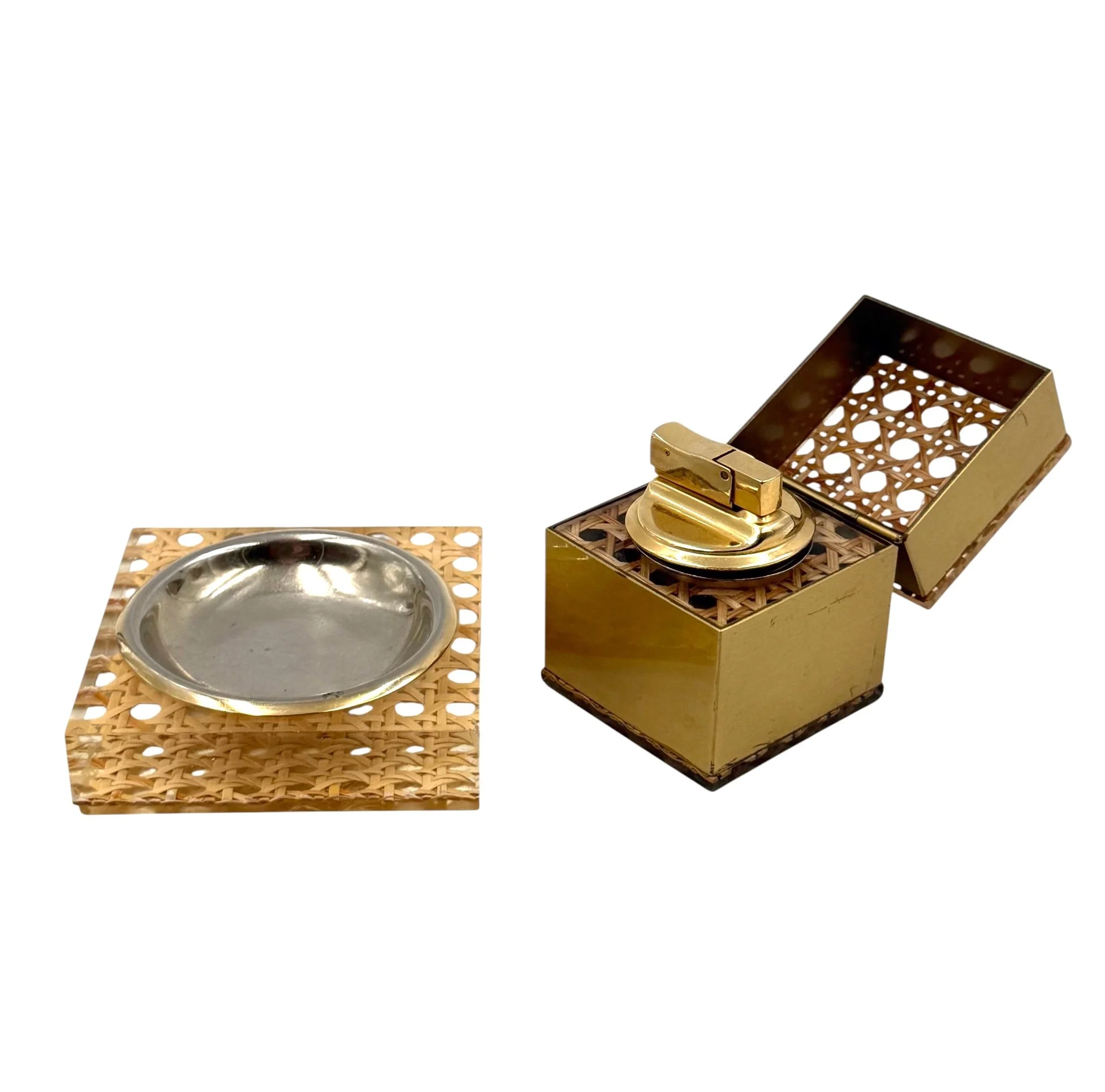 Vintage 1970s Dior Home Hollywood Regency lucite and woven Vienna straw smoking set, Italian design