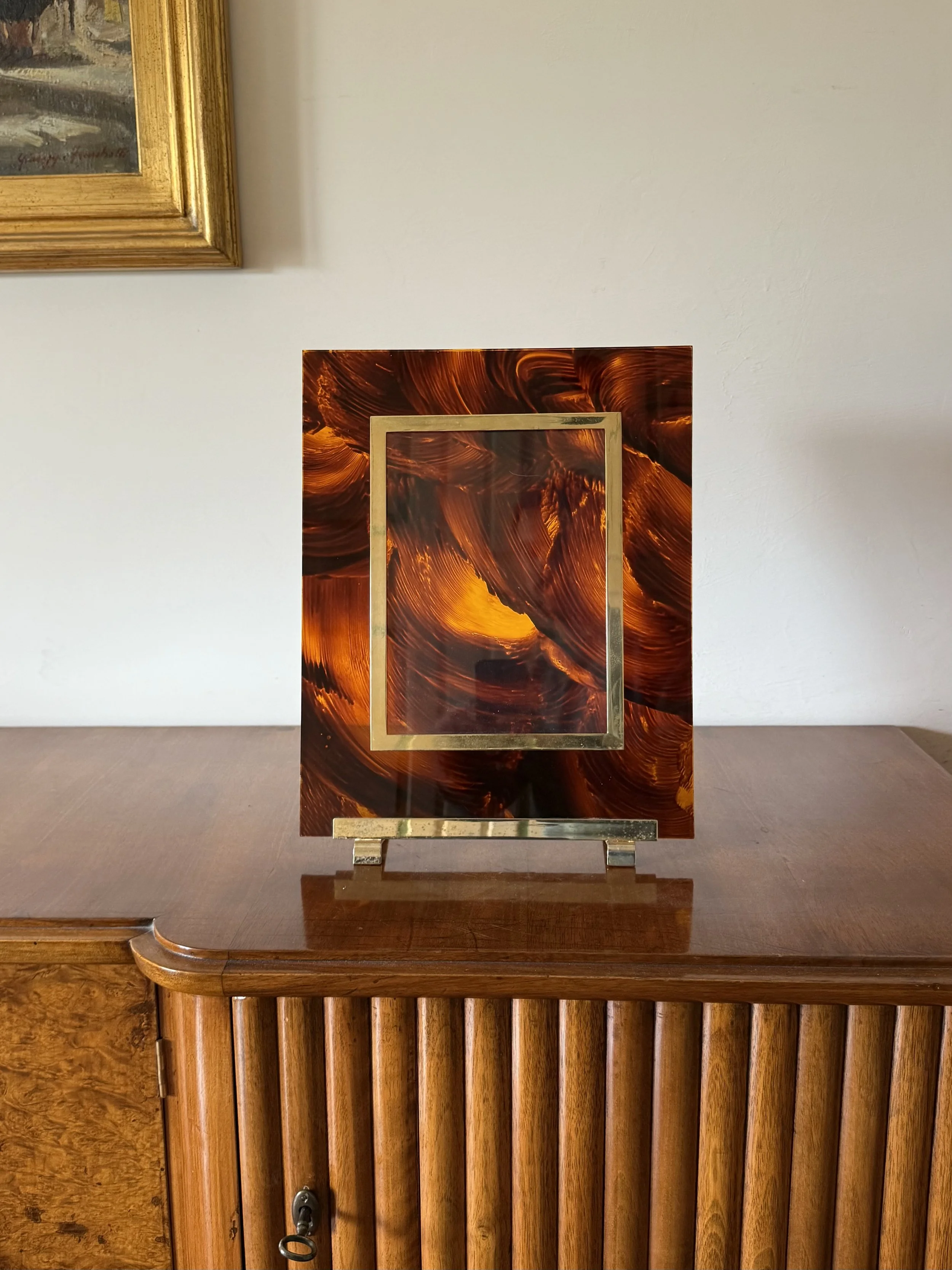 Shop this rare 1970s Italian Hollywood Regency picture frame in Lucite and Brass. In the manner of Gabriella Crespi, with original Gioielleria Cristilli Roma label.