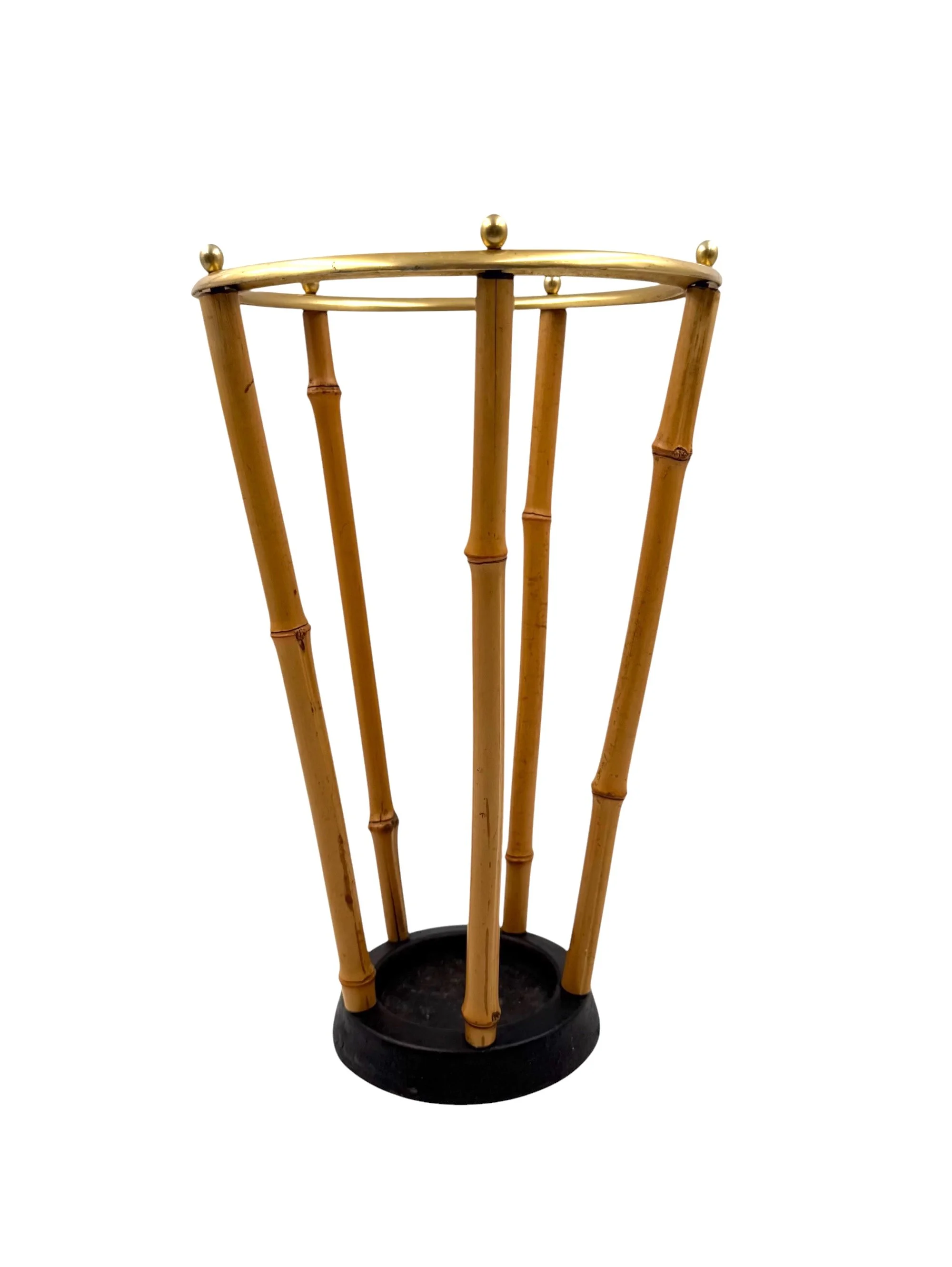 Hollywood Regency bamboo umbrella rack from 1970s France, featuring an elegant geometric cane design and natural warm wood finish.