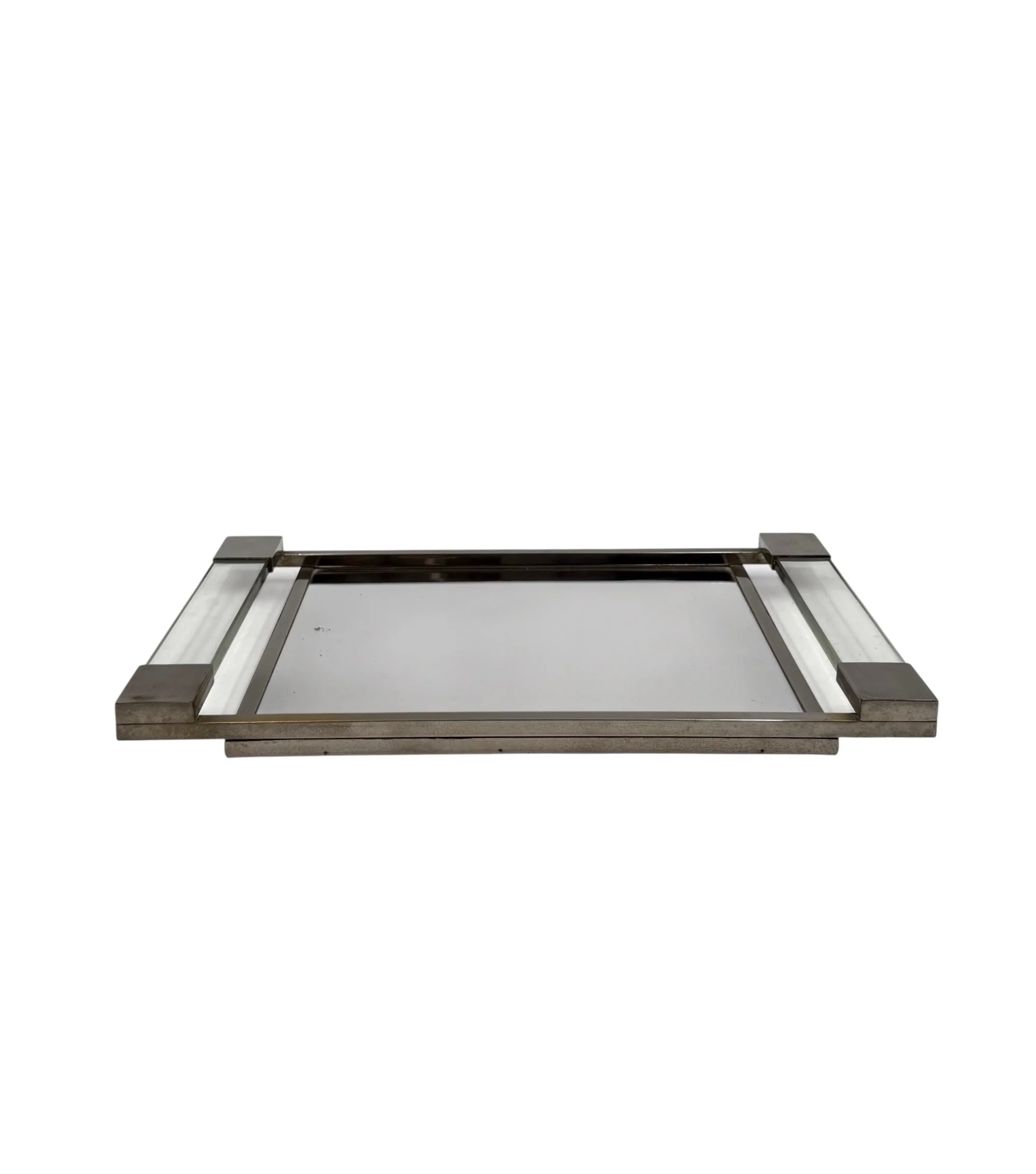 Modernist lucite and mirrored tray by Jacques Adnet for Maison Adnet, France circa 1950, featuring elegant minimalist design and vintage French brass accents.