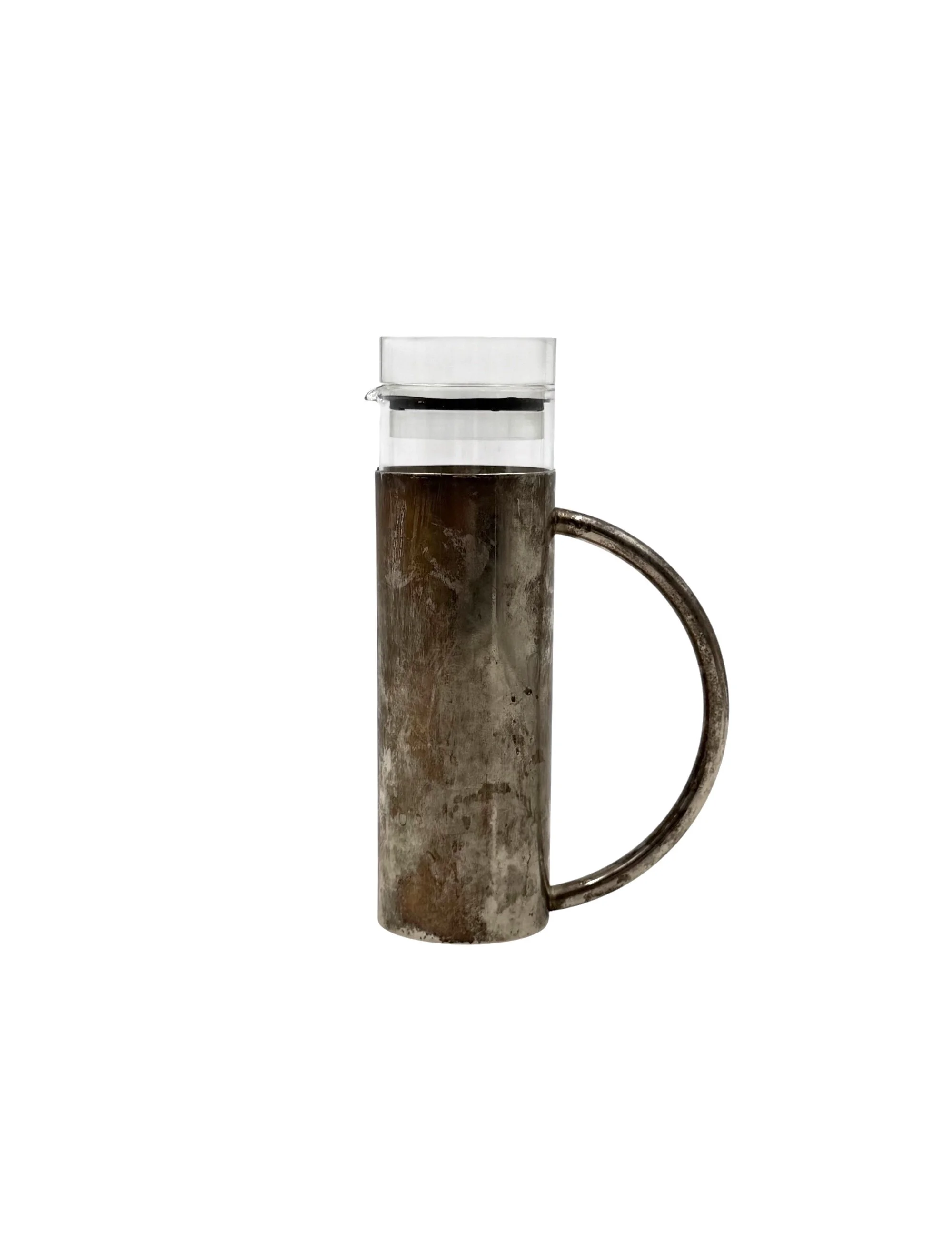 Lino Sabattini 'Oilvine' cruet set, 1970s Italian modernist silver-plated and glass oil and vinegar dispenser, minimalist tabletop design.