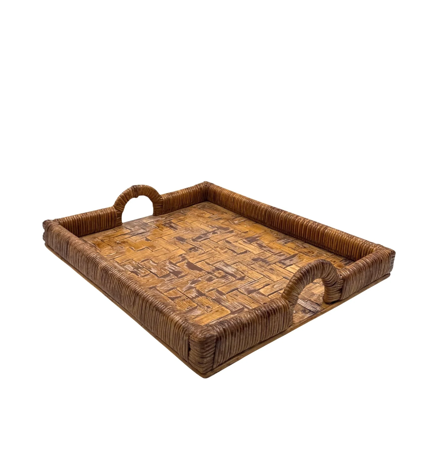 Vintage 1970s Italian wicker tray by Vivai del Sud in Hollywood Regency style displayed on a coffee table.