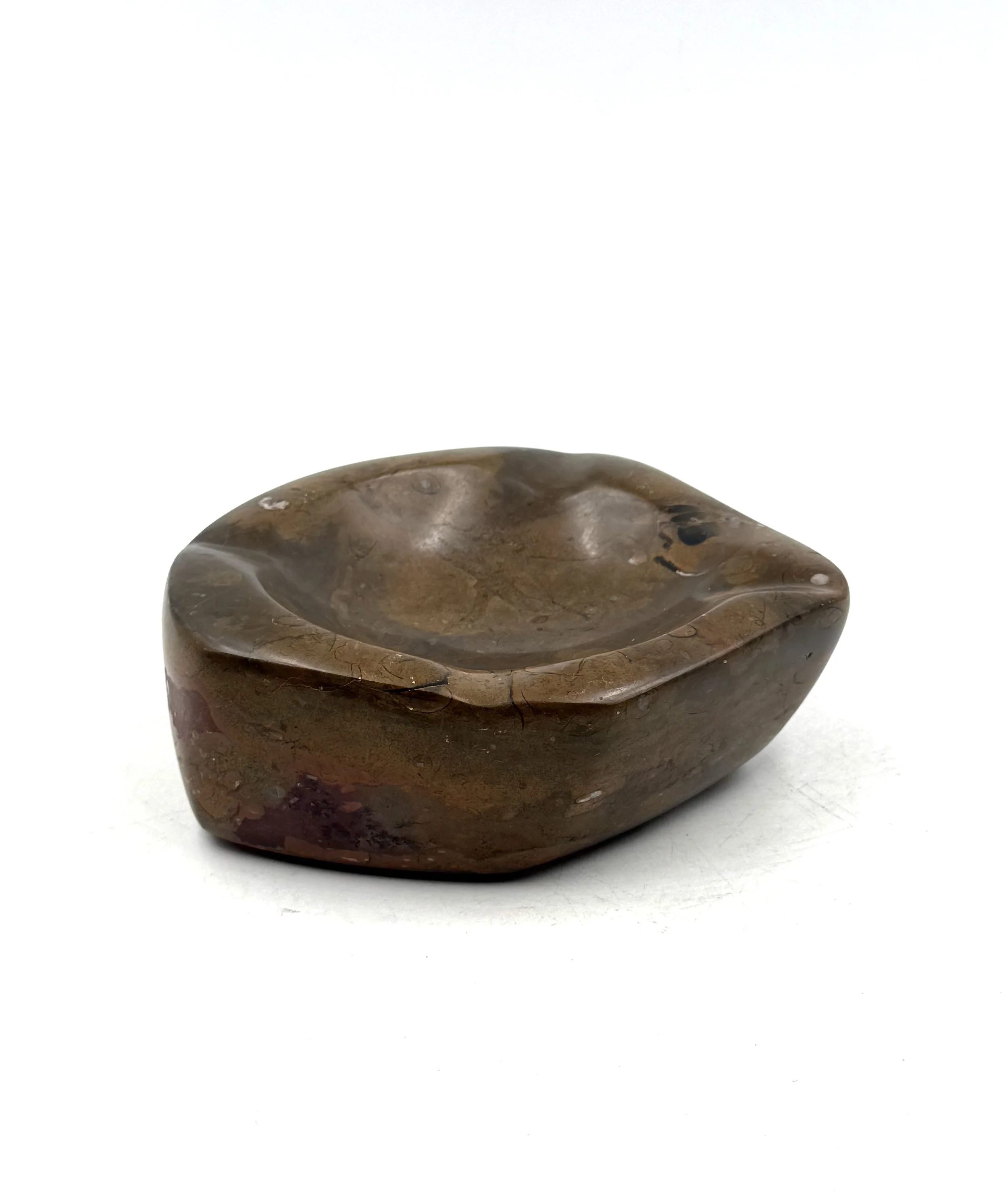 Luxury fossil brown marble ashtray and decorative bowl from 1970s France, showing unique organic prehistoric fossil patterns and polished stone finish.