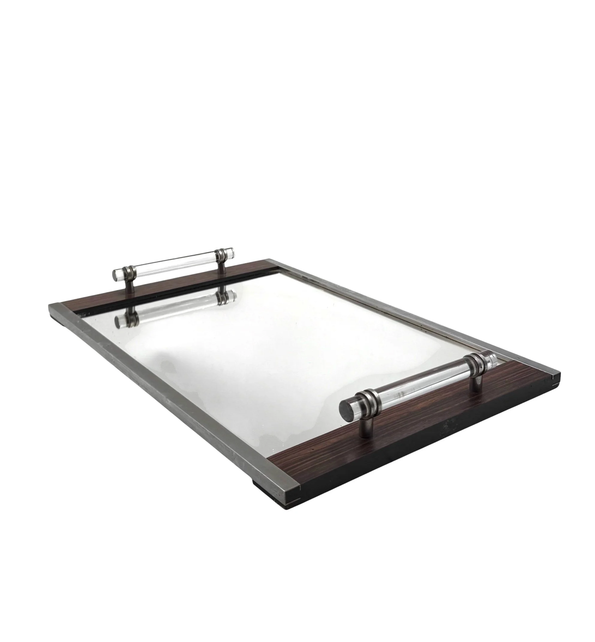 French modernist rectangular tray with a mirrored base, in the style of Jacques Adnet, 1940s 1950s Art Deco transition design.