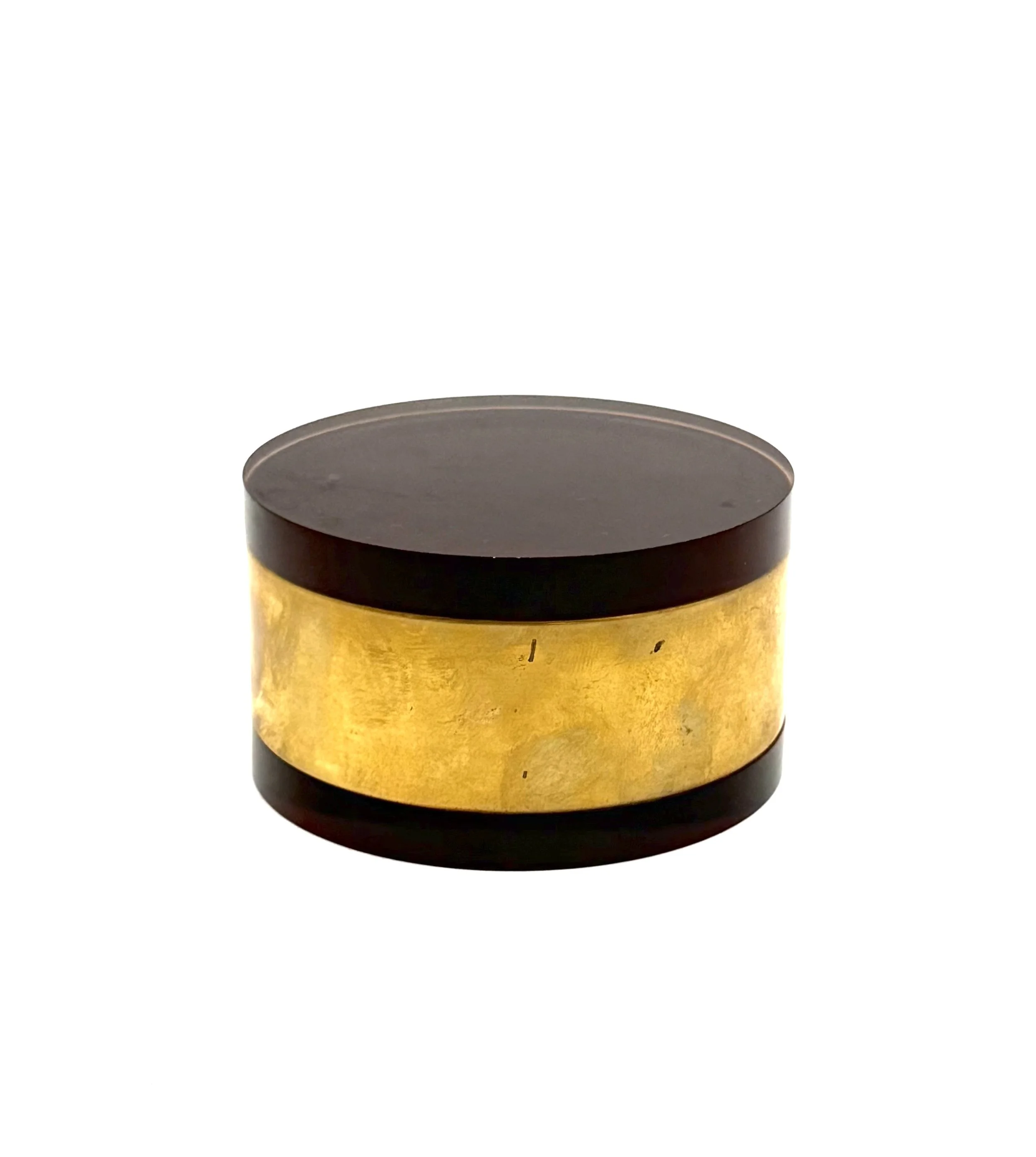 1970s Italian mid-century cylindrical jewelry box with vintage decorative finish