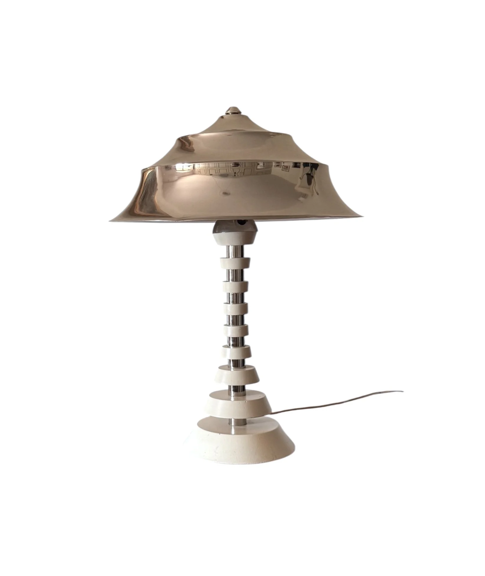 Vintage Space Age pagoda table lamp from 1970s France, featuring a retro futuristic tiered design and glossy finish.