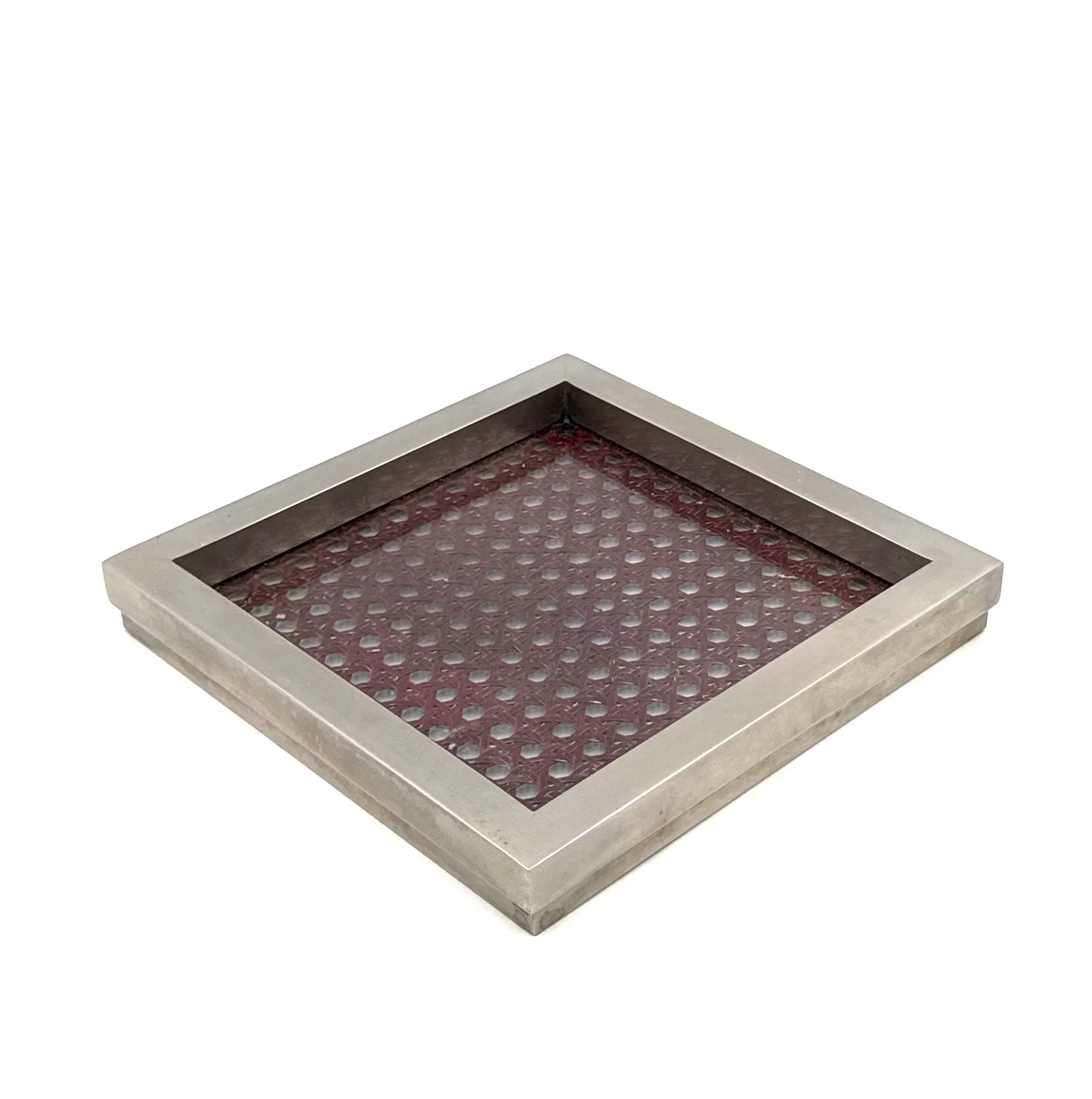 Vintage 1980s Dior France Hollywood Regency brass vide poche catchall tray with red Vienna straw woven insert