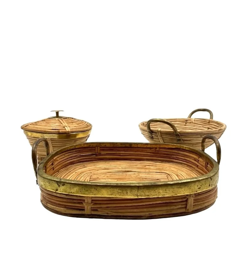 Set of vintage mid-century Italian brass and woven wicker decorative bowls, circa 1970