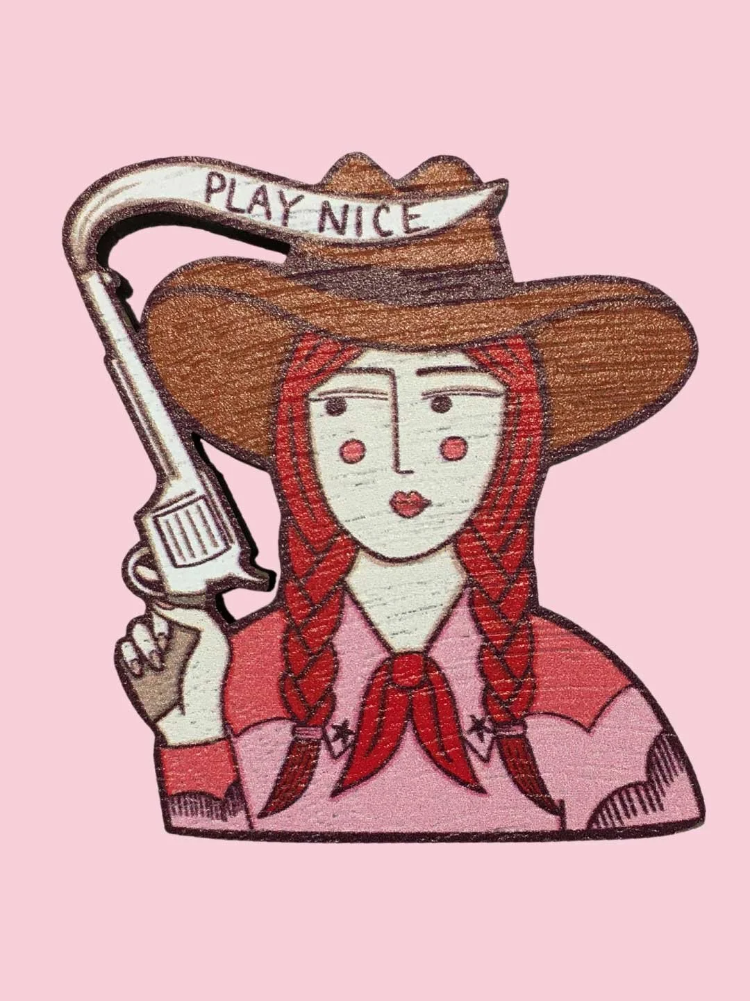 Cowgirl  Wooden Brooch - Handmade