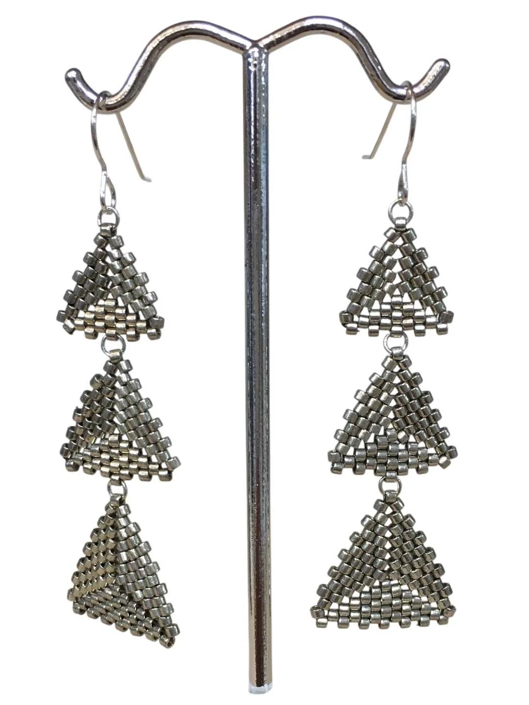 Triangle Multi Drop Beaded Earrings - Silver Handmade