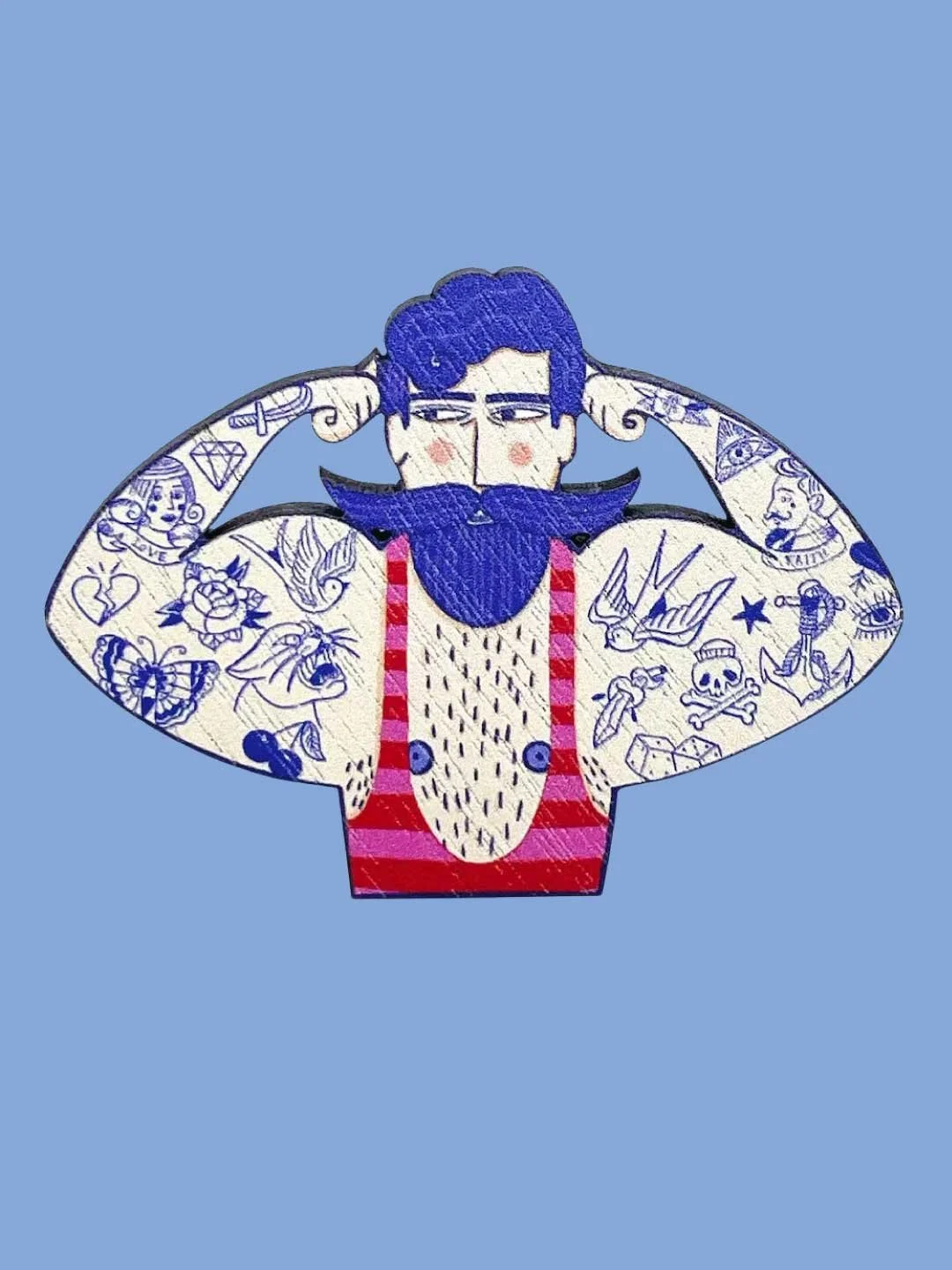 Tattooed Circus Strongman  Wooden Brooch - Handmade