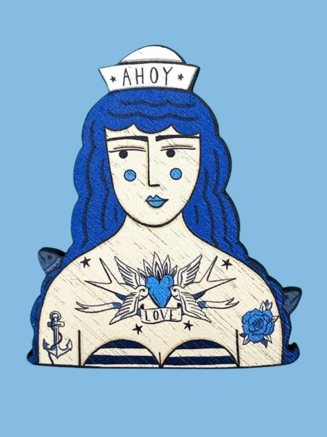 Tattooed Sailor Girl Wooden Brooch - Handmade