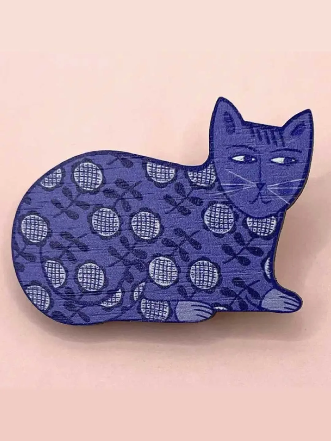 Blue Cat Wooden Brooch - Handmade