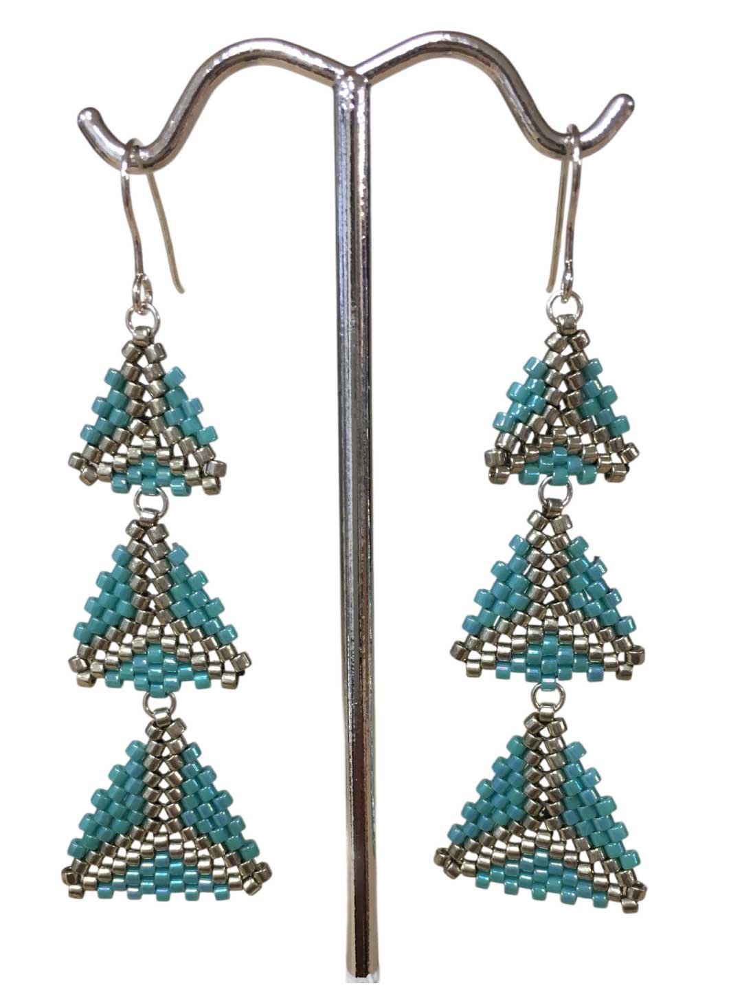 Triangle Multi Drop Beaded Earrings - Slate grey and Silver Handmade