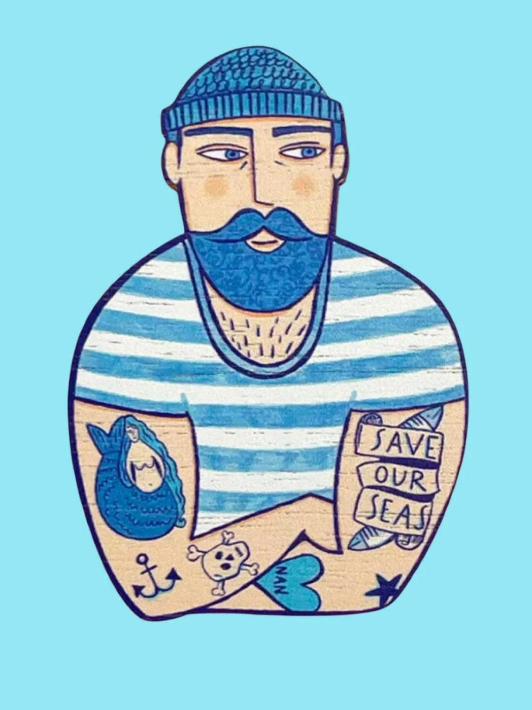 Tattooed Sailor  Wooden Brooch - Handmade