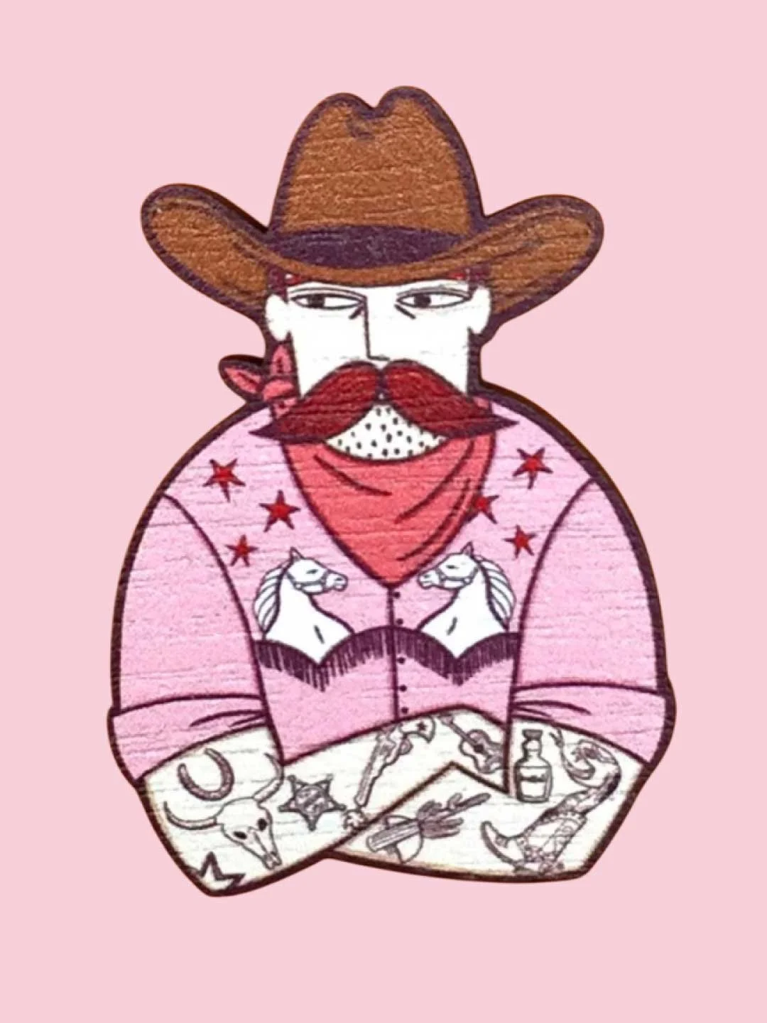 Tattooed Cowboy  Wooden Brooch - Handmade