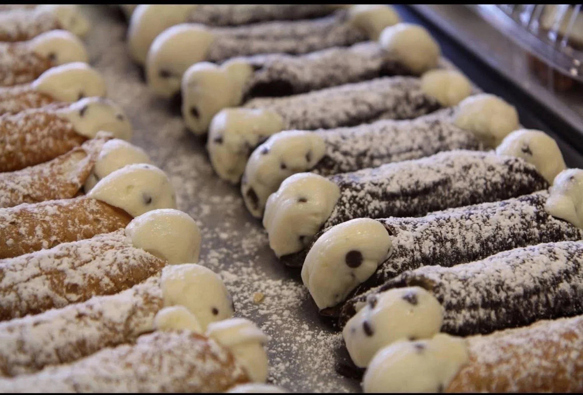 Cannoli filled with sweet ricotta and chocolate chips, dusted with powdered sugar