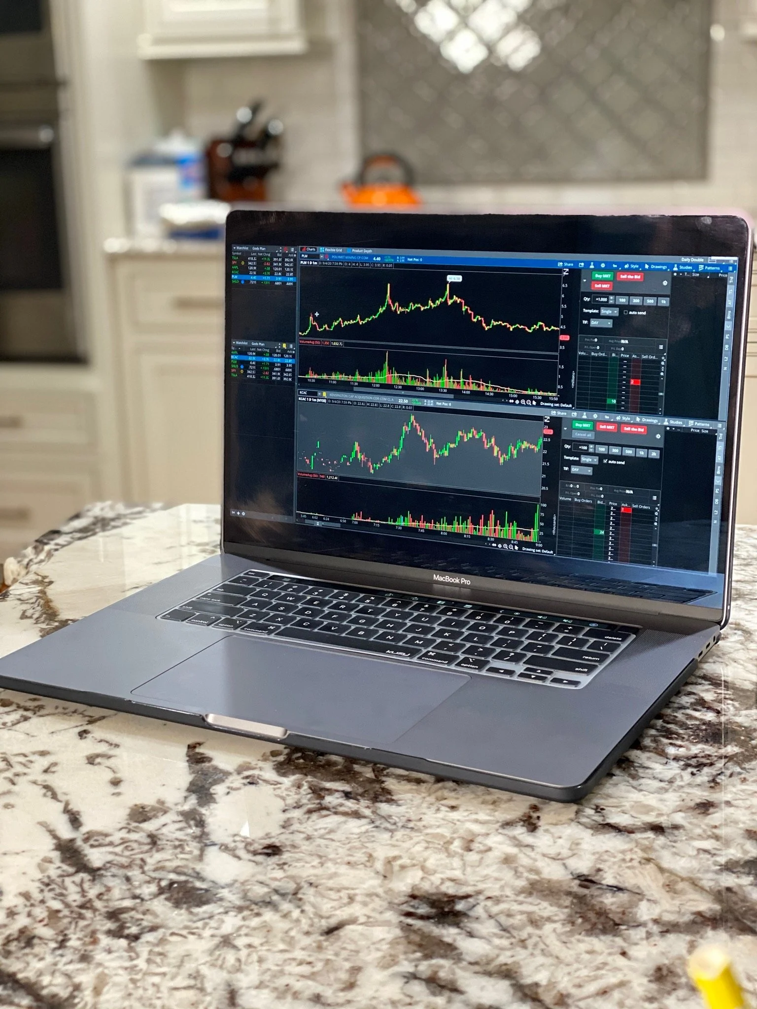 Laptop displaying live stock charts during a day trading session
