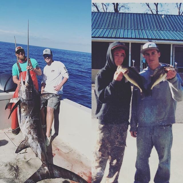 TBT with my podnah @blakemallard not much has changed in 12 years except the size of the fish!! #225 #swordfish #tbt #largemouth #falseriver #downthebayoucharters