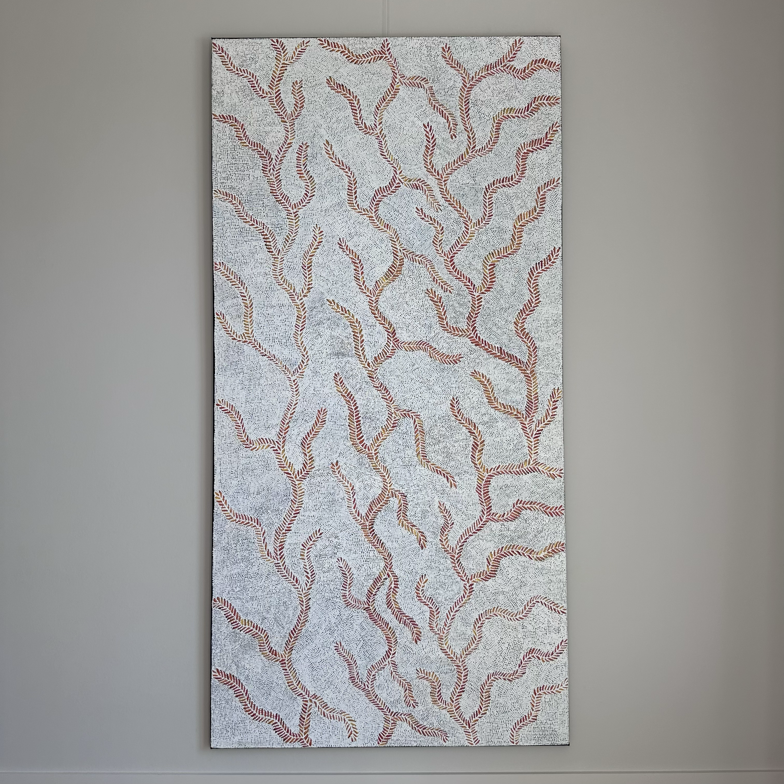 Patricia Nakamarra Oldfield, 
Karnta Jukurrpa (Women's Dreaming) - Bush Medicine, 2025, 
acrylic on linen, 
183 x 91 cm, 
Unstretched CHF2,190, Stretched CHF2,910 